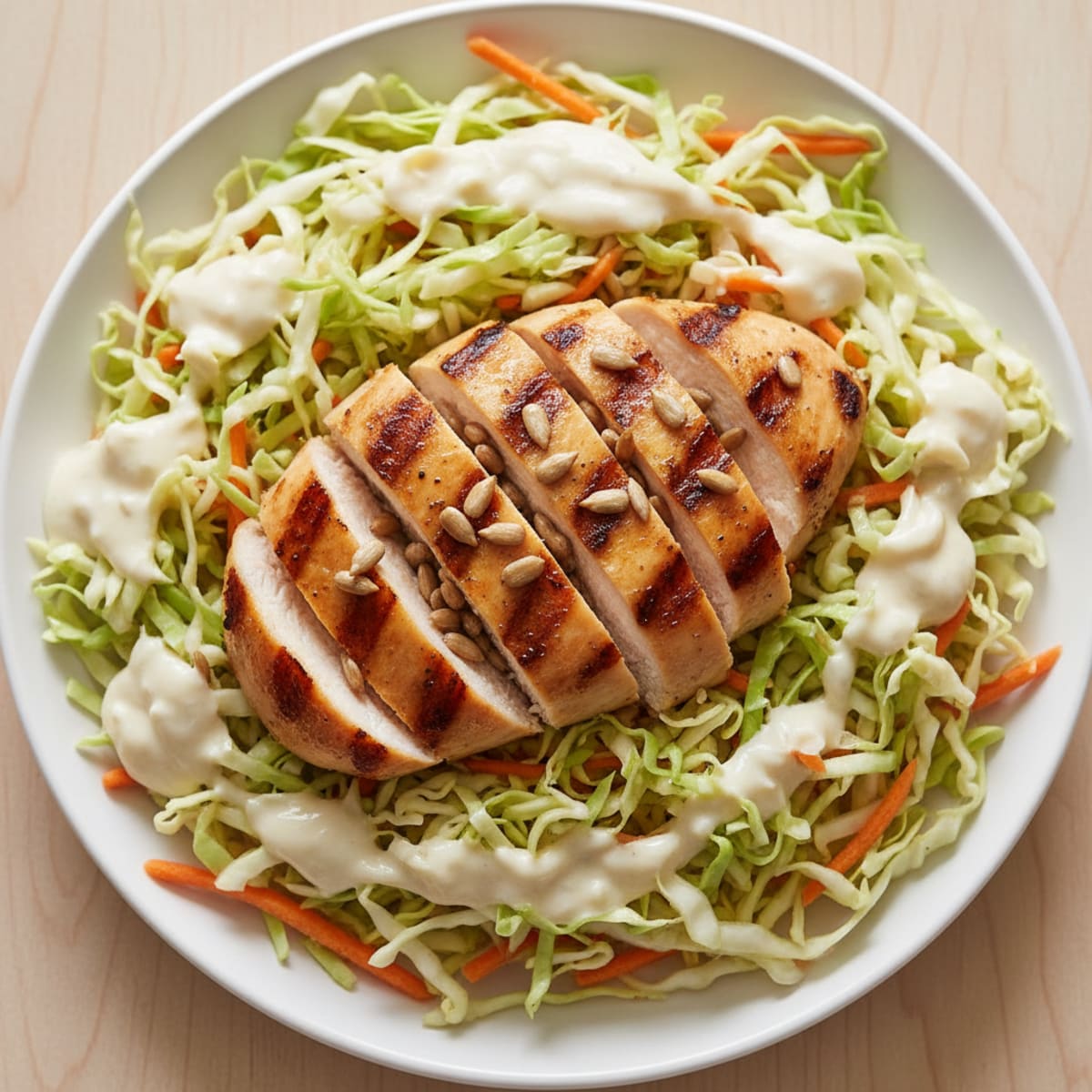 Grilled Chicken Breast with Crunchy Cabbage Slaw and Lemon Yogurt Dressing