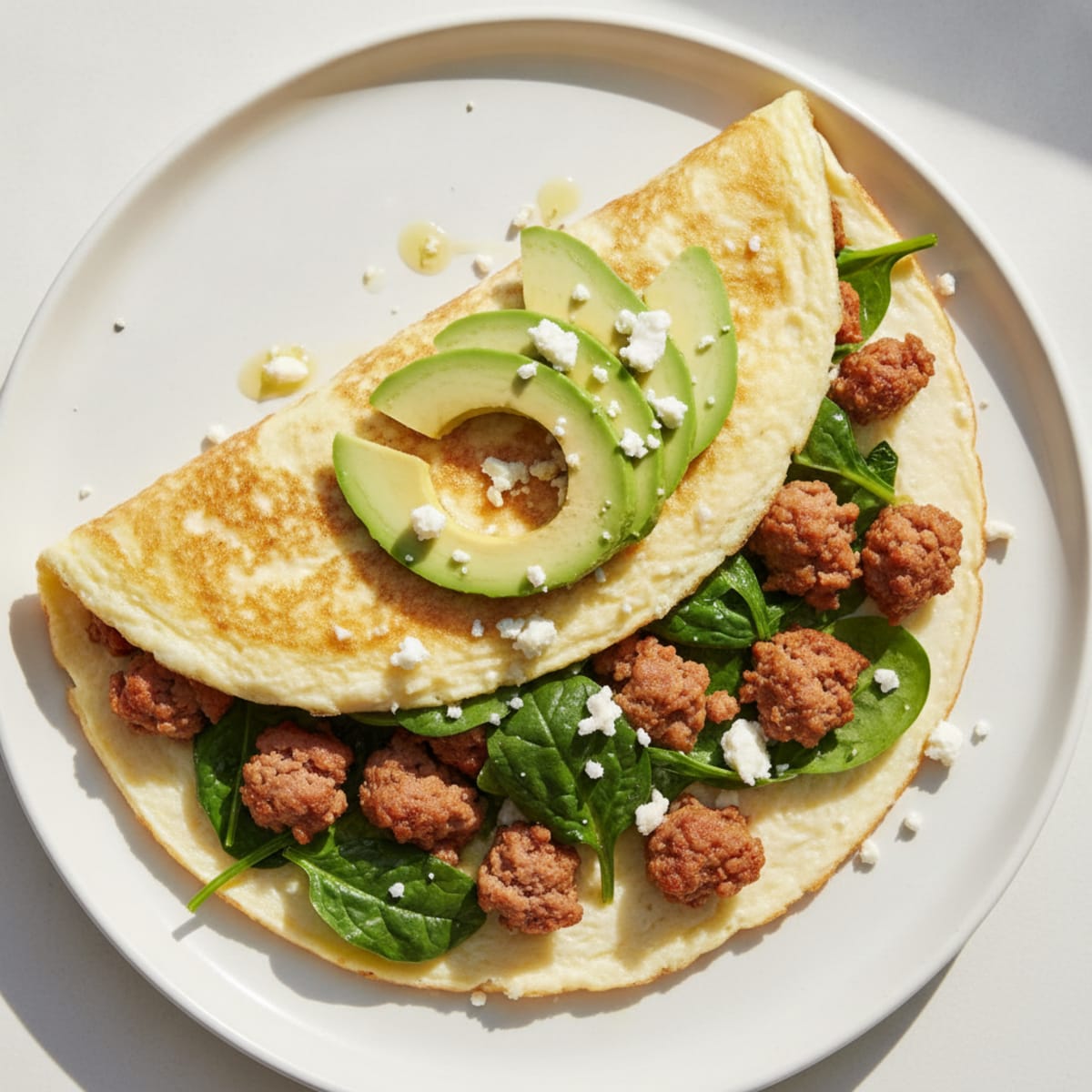 Egg White Omelet with Turkey Sausage and Sautéed Spinach