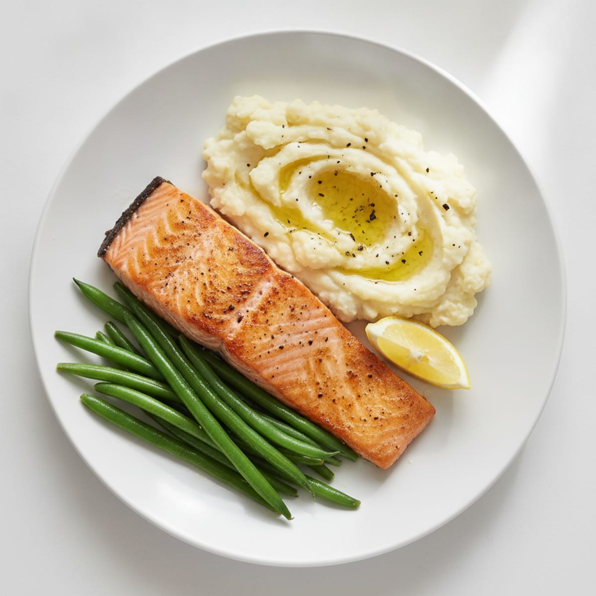 Seared Salmon Filet with Steamed Green Beans and Garlic Mashed Cauliflower