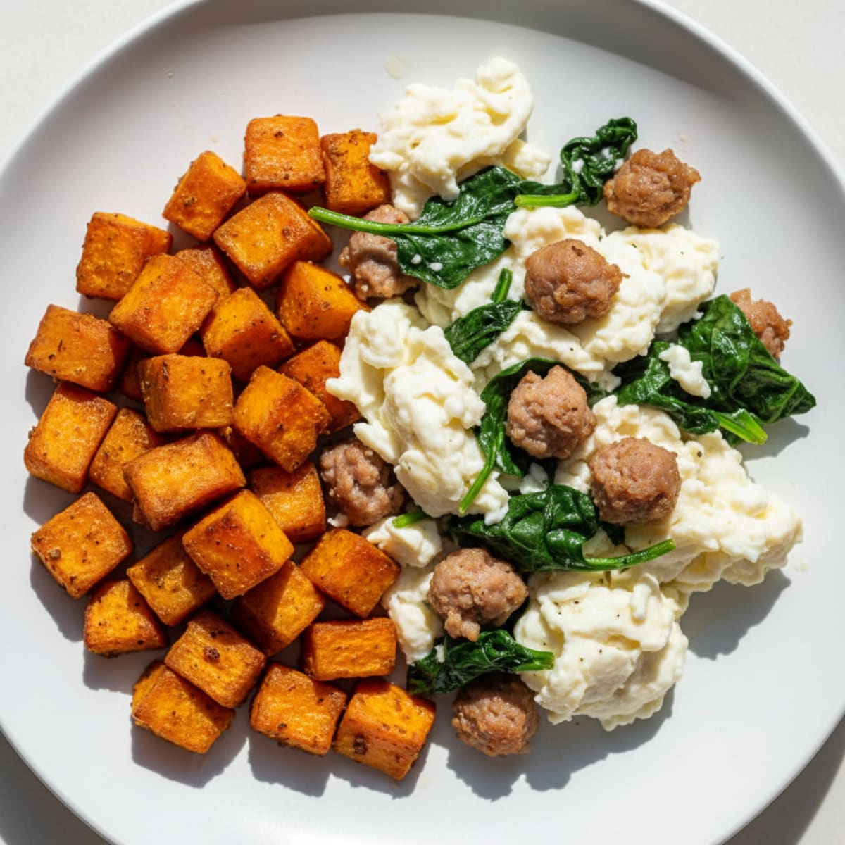 Egg White and Turkey Sausage Scramble with Spinach and Roasted Sweet Potato