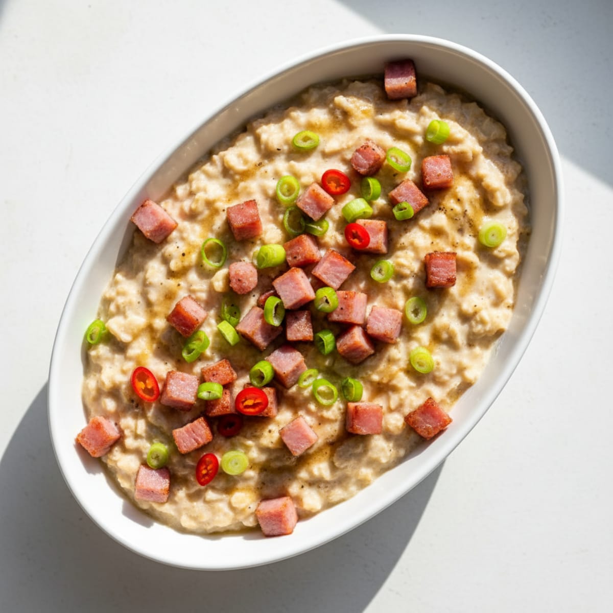 Egg White Oatmeal with Diced Ham and Spring Onion