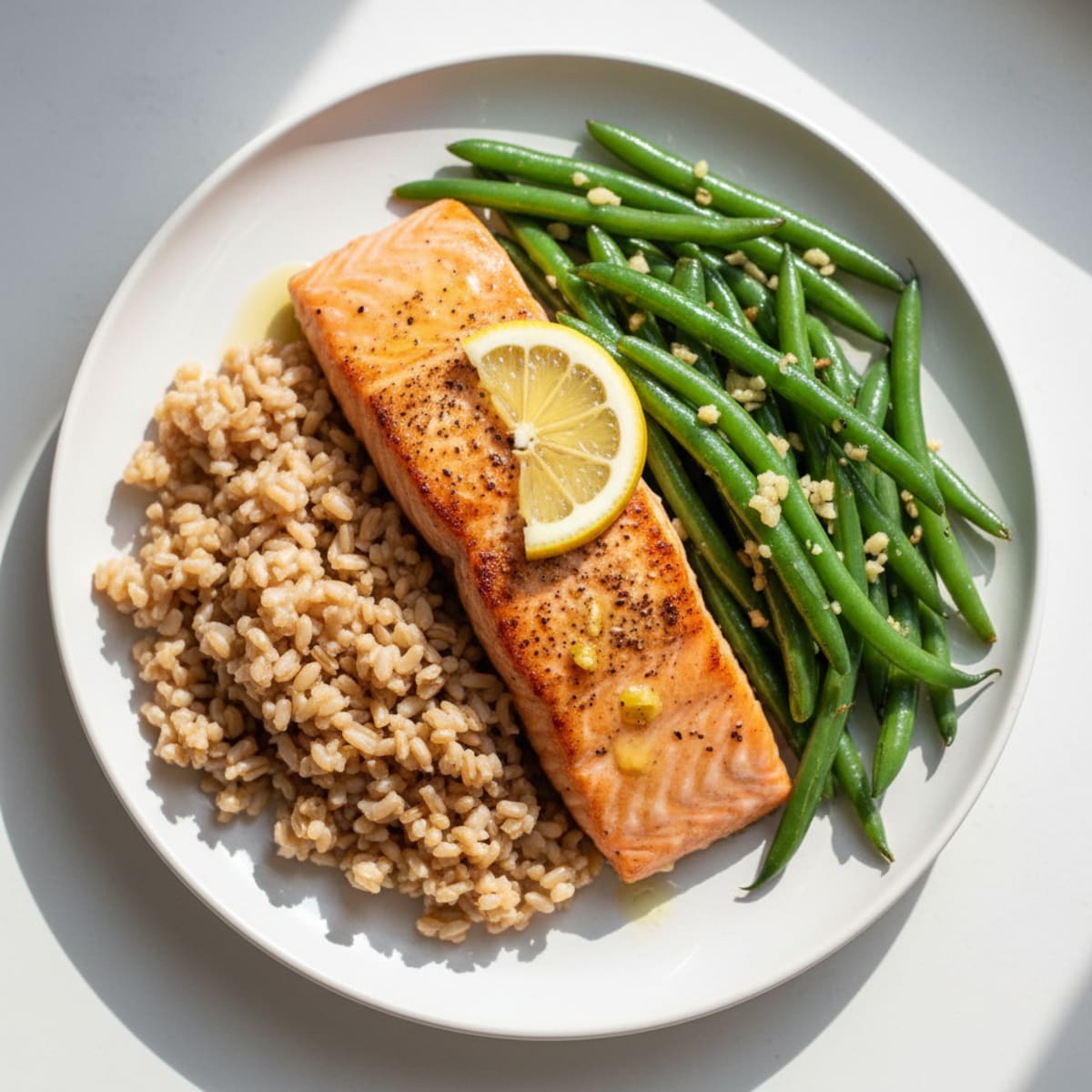 Seared Salmon Fillet with Garlic Green Beans and Brown Rice