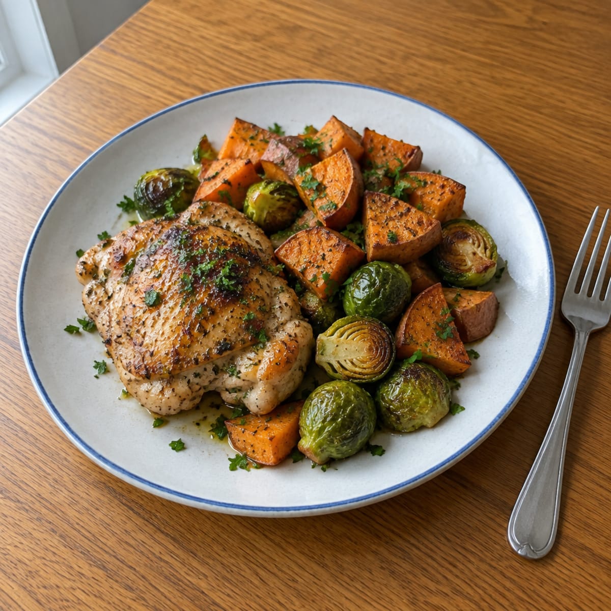 Roasted chicken thighs and autumn vegetables