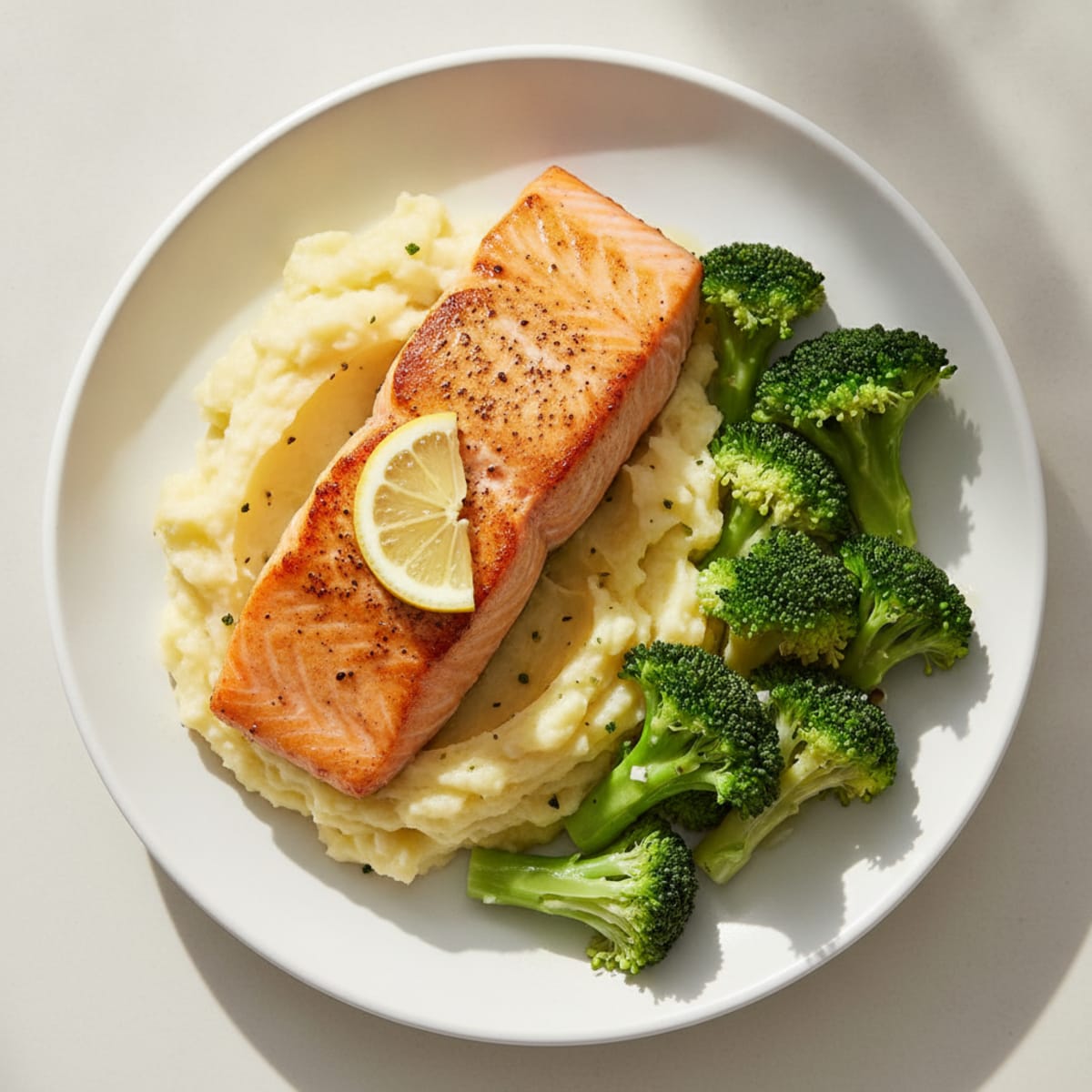 Seared Salmon with Steamed Broccoli and Garlic Mashed Potatoes