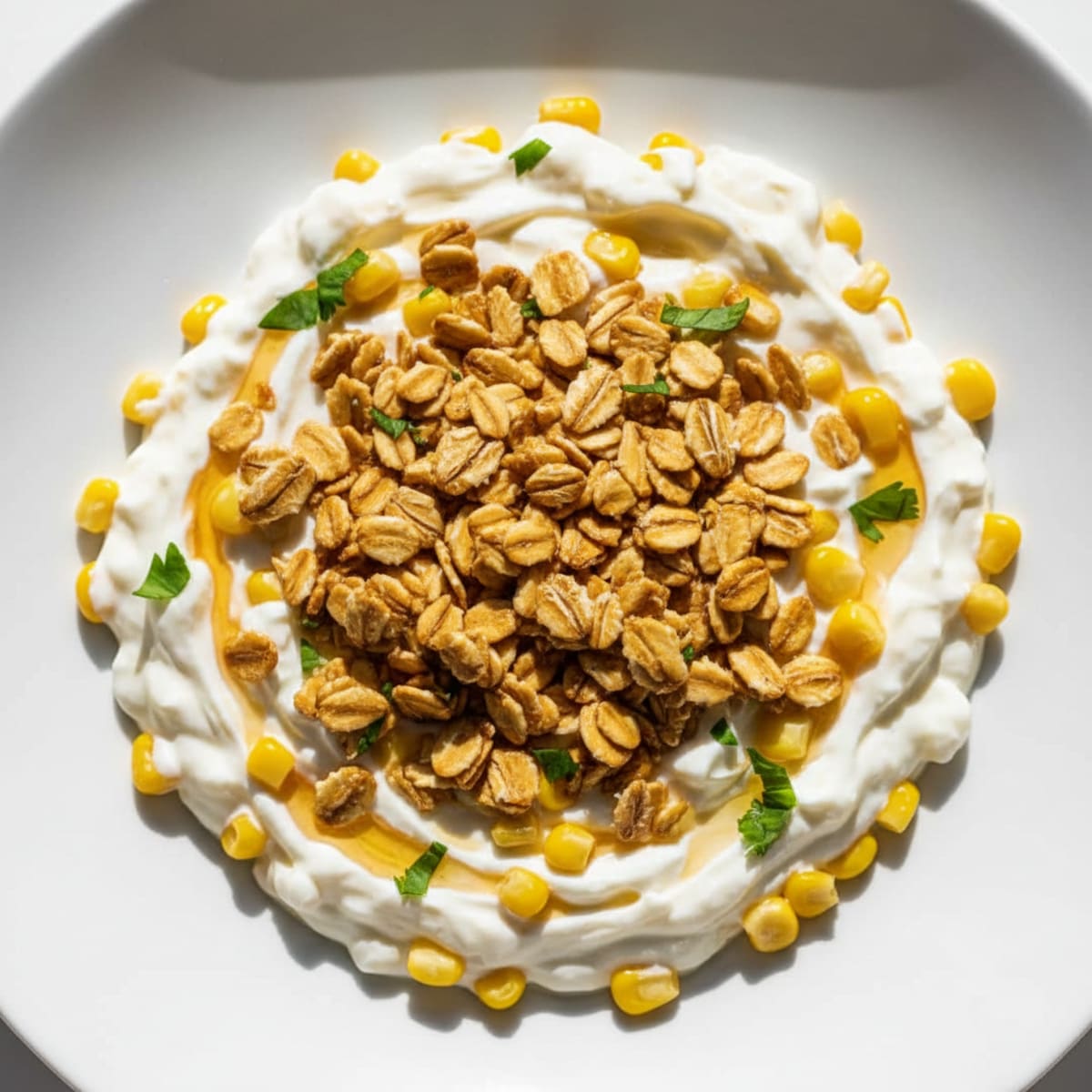 Creamy Protein Yogurt with Crunchy Oats and Sweet Corn