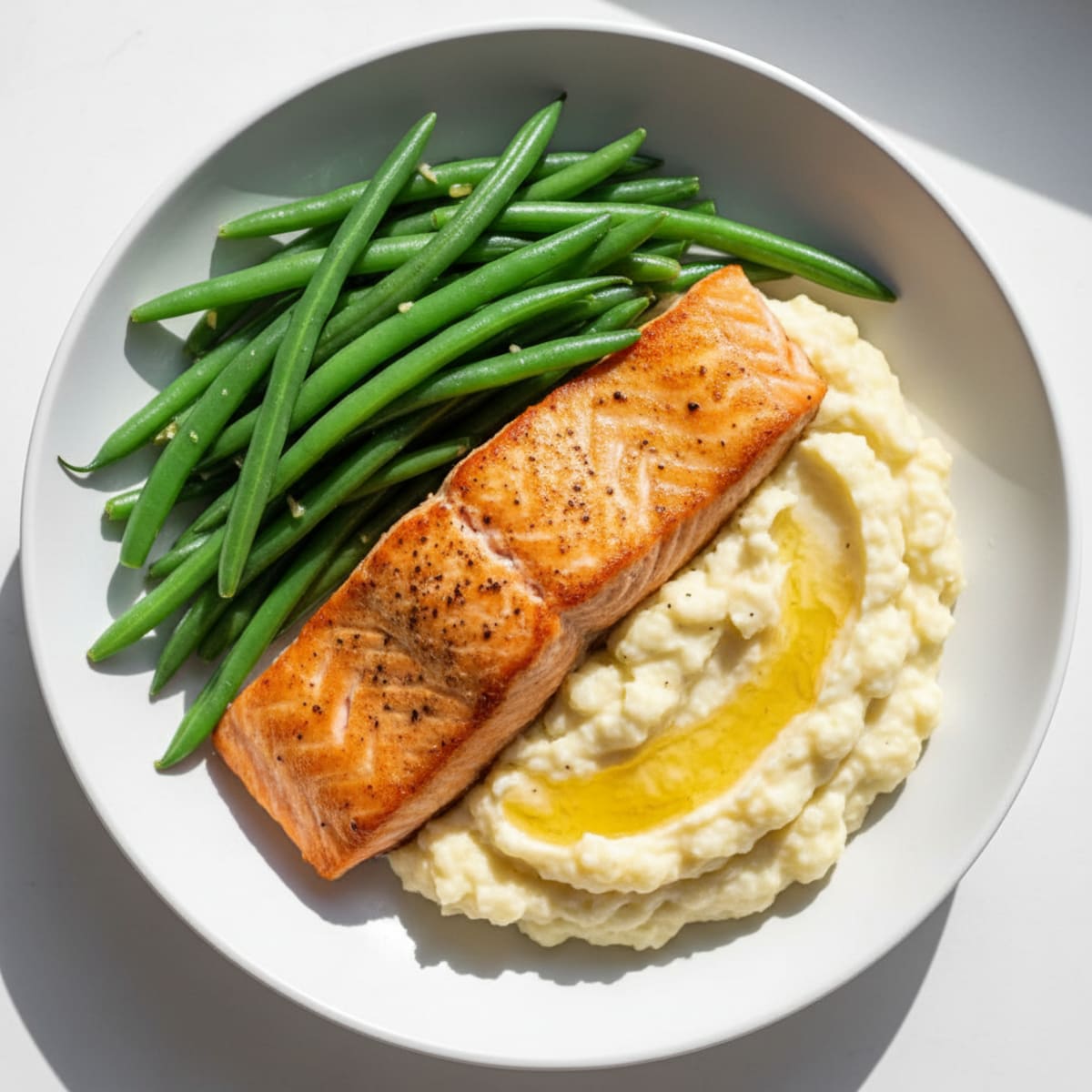 Seared Salmon with Steamed Green Beans and Garlic Mashed Cauliflower