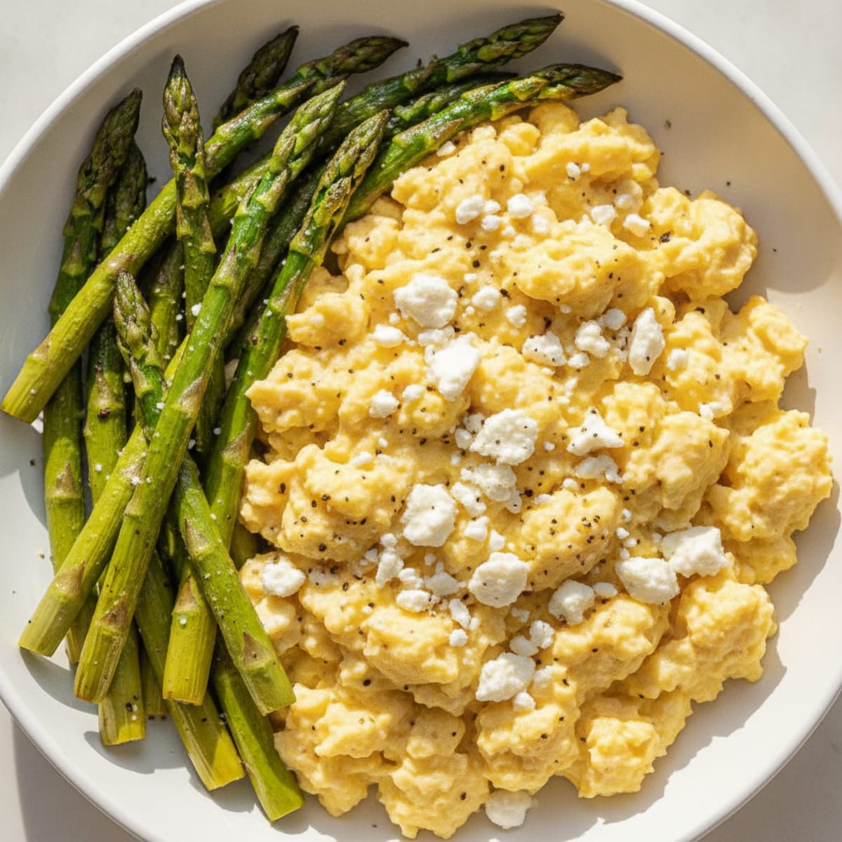 Scrambled Eggs with Roasted Asparagus and Feta