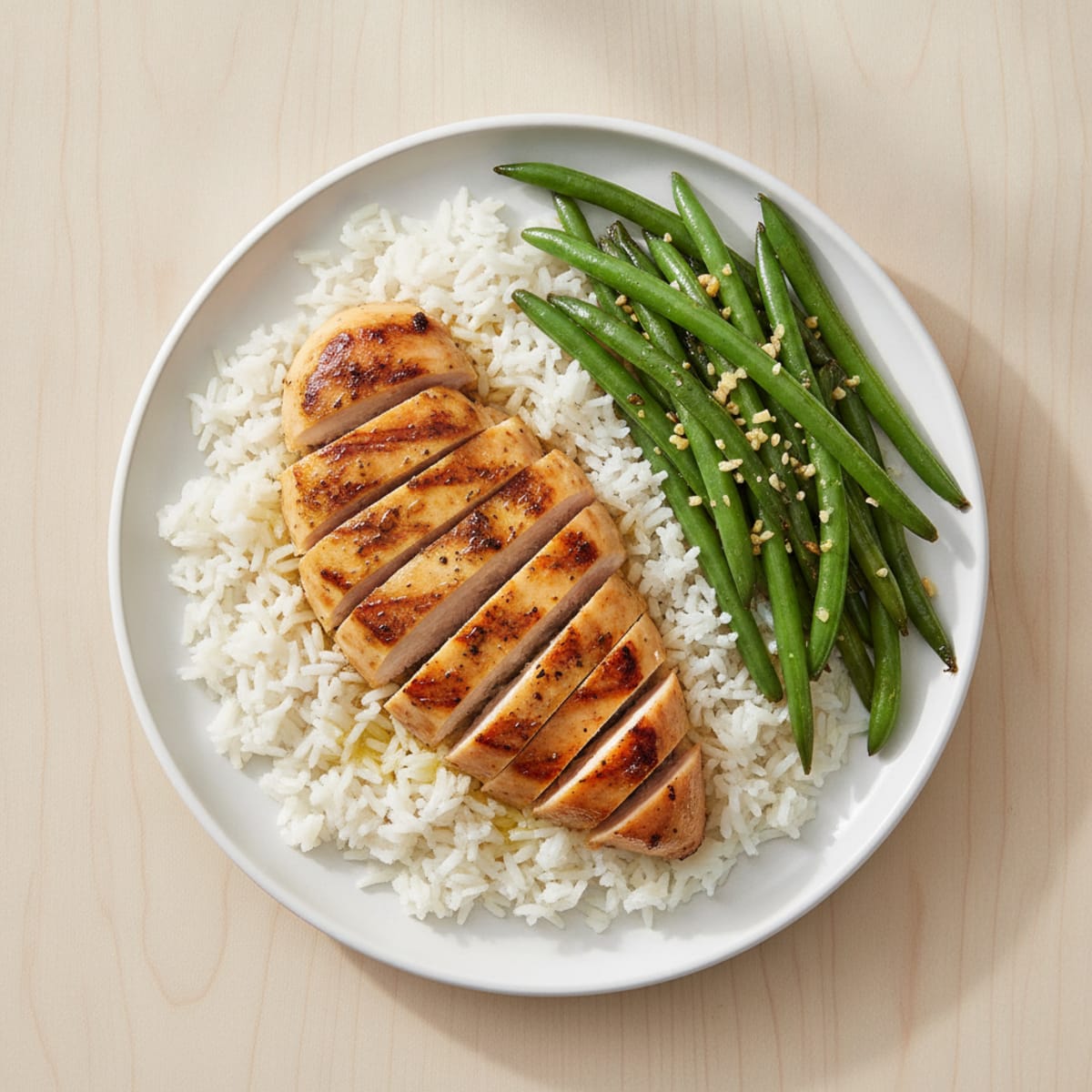 Grilled Chicken Breast with Steamed Rice and Sautéed Green Beans