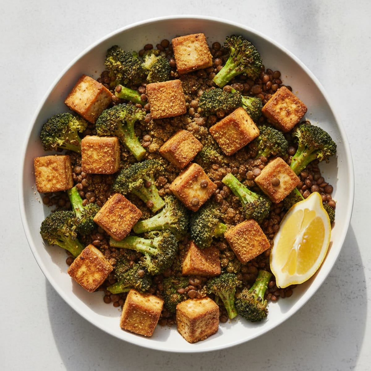 Crispy Tofu and Lentil Power Bowl with Roasted Broccoli
