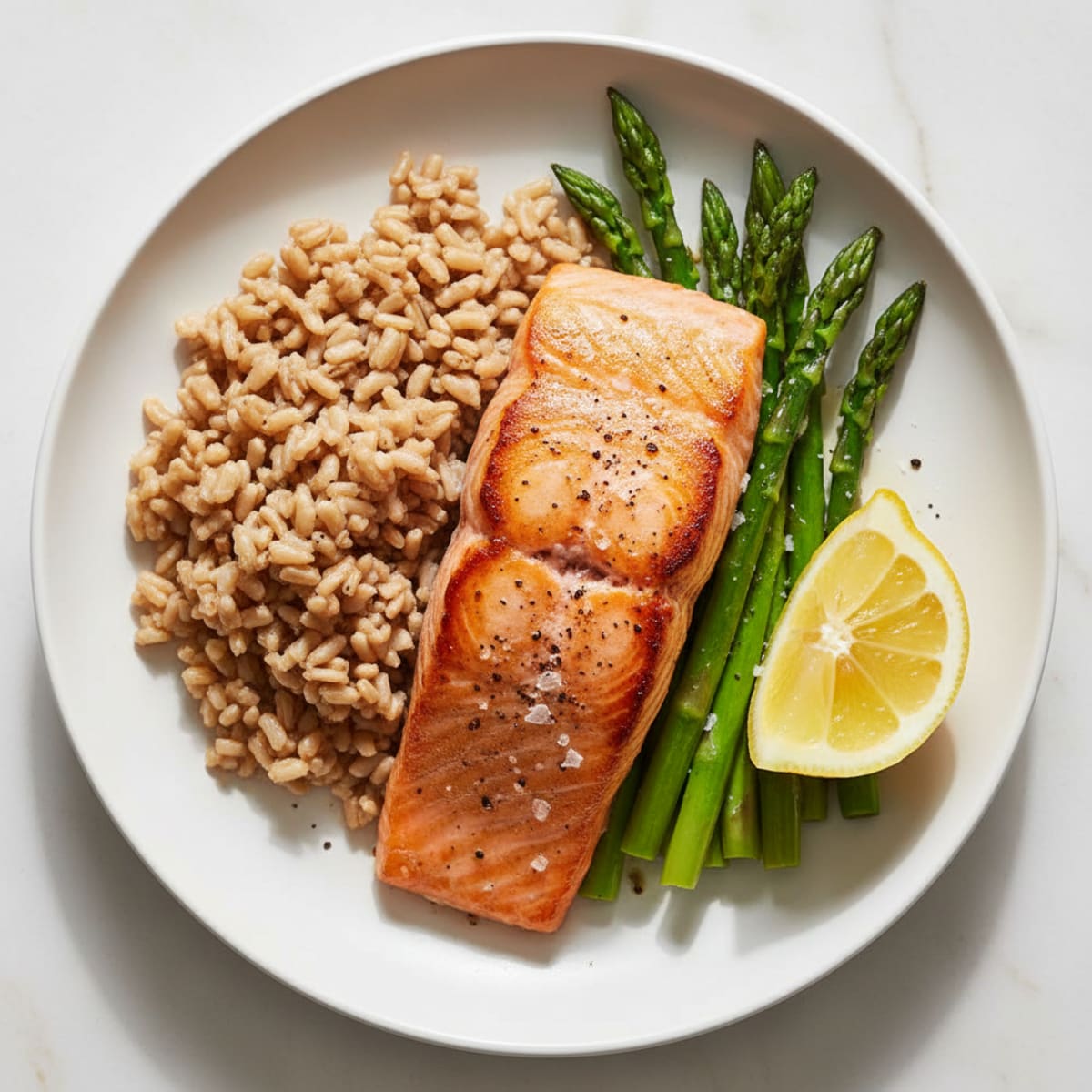 Seared Salmon Fillet with Steamed Asparagus and Brown Rice