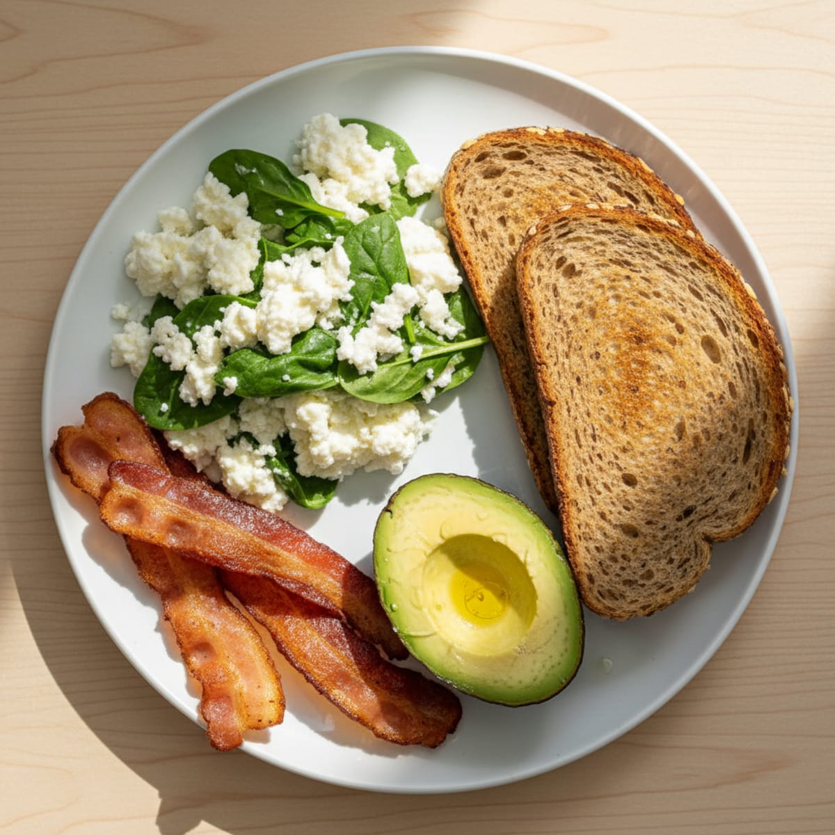 Cottage Cheese Egg White Scramble with Spinach and Turkey Bacon