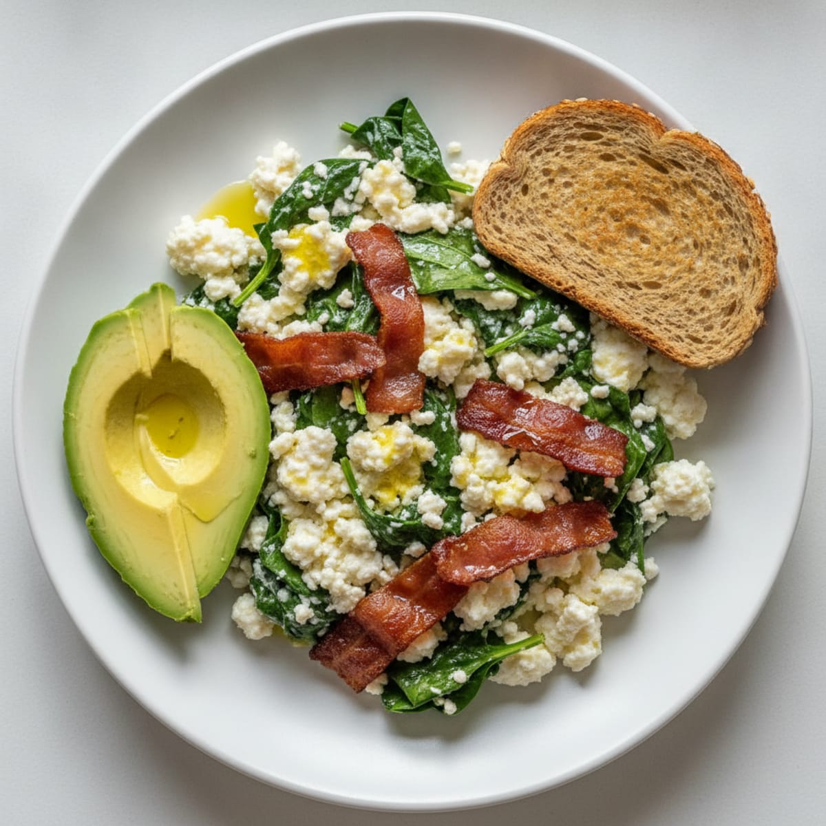 Egg White and Cottage Cheese Scramble with Spinach and Turkey Bacon