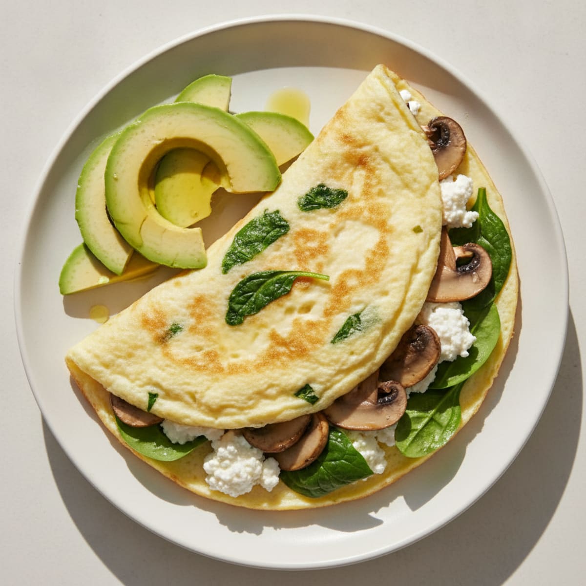Egg White Spinach Omelette with Cottage Cheese and Sautéed Mushrooms