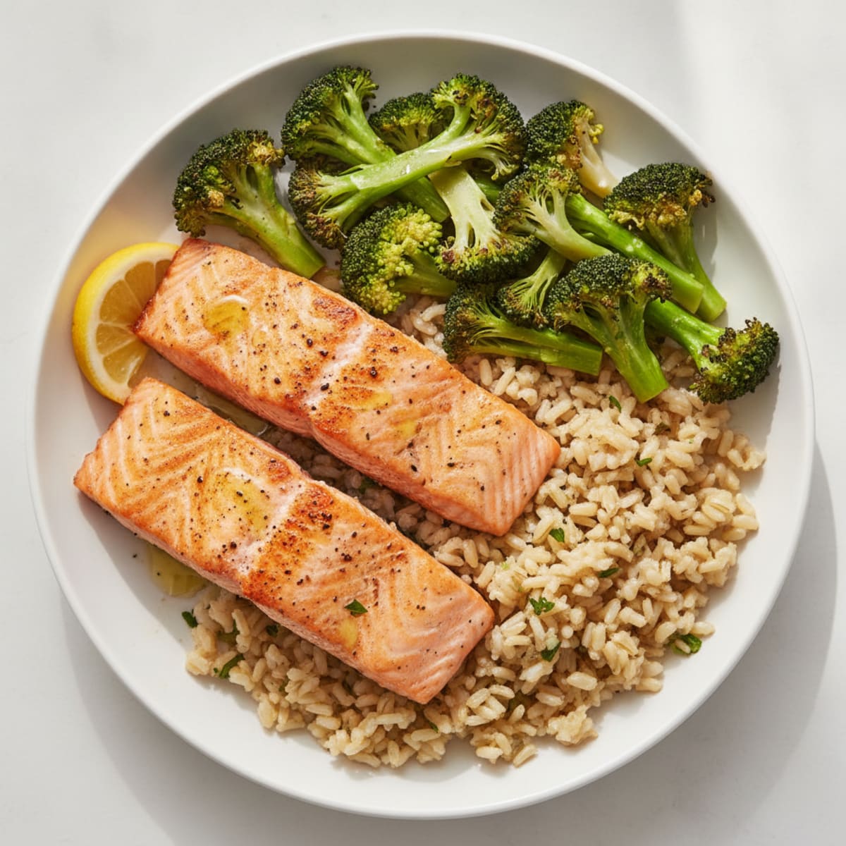 Seared Salmon with Steamed Broccoli and Garlic Brown Rice