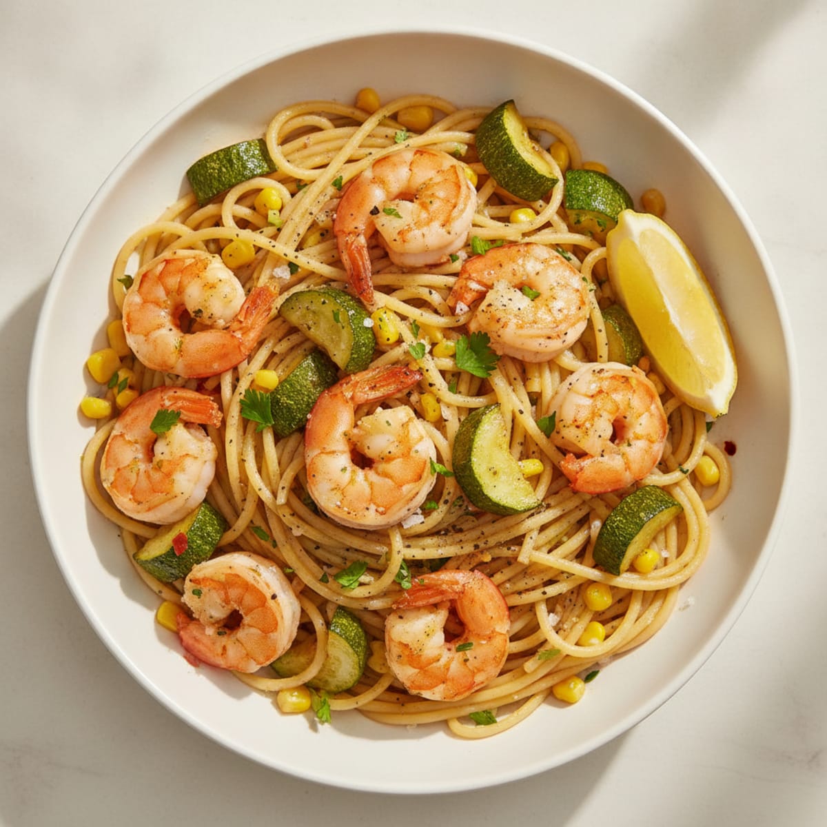 Garlic Prawn Spaghetti with Roasted Vegetables