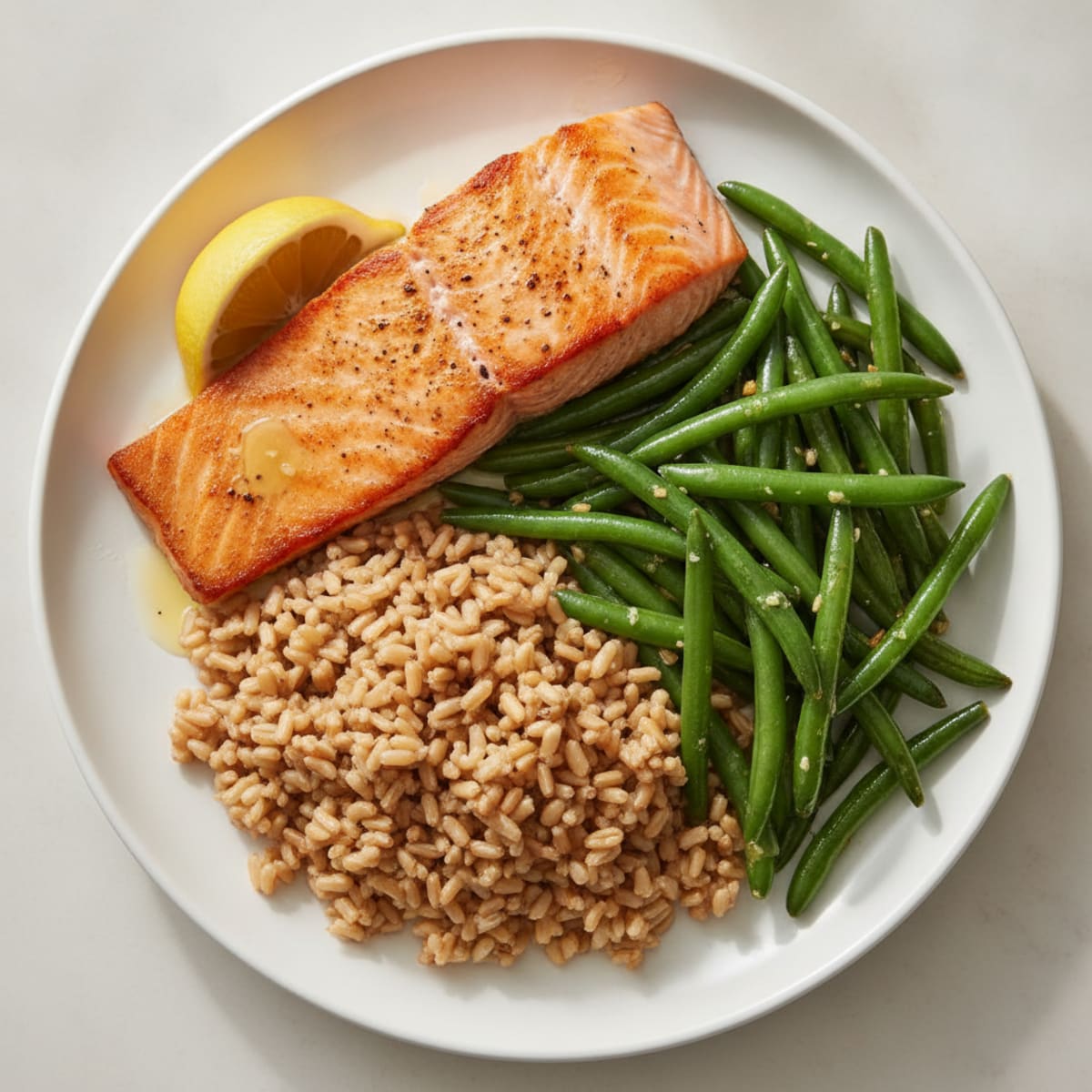 Seared Salmon with Garlic Green Beans and Brown Rice