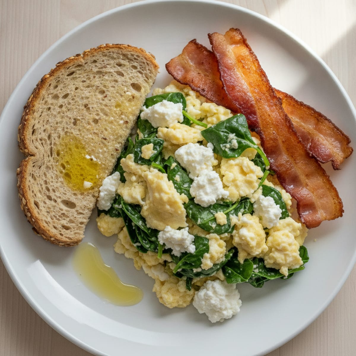 Egg White Spinach Scramble with Cottage Cheese and Turkey Bacon