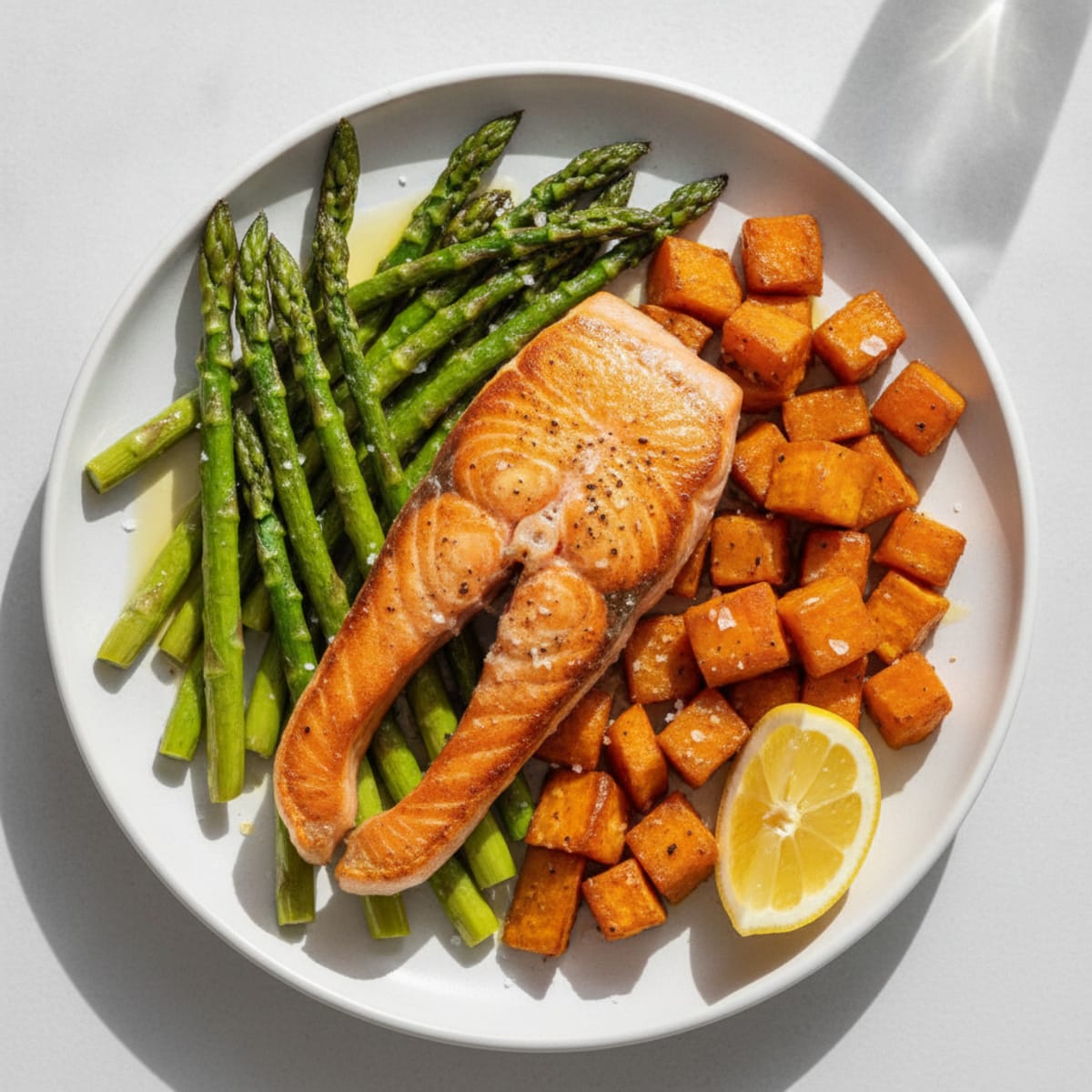 Seared Salmon Fillet with Roasted Asparagus and Sweet Potato