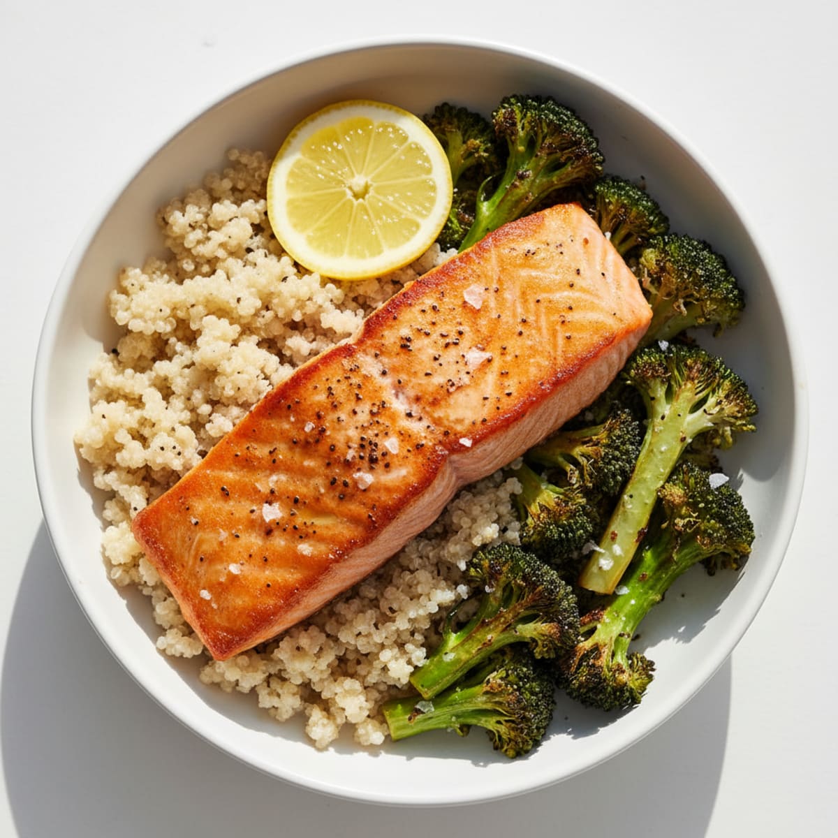 Seared Salmon Bowl with Quinoa and Roasted Broccoli