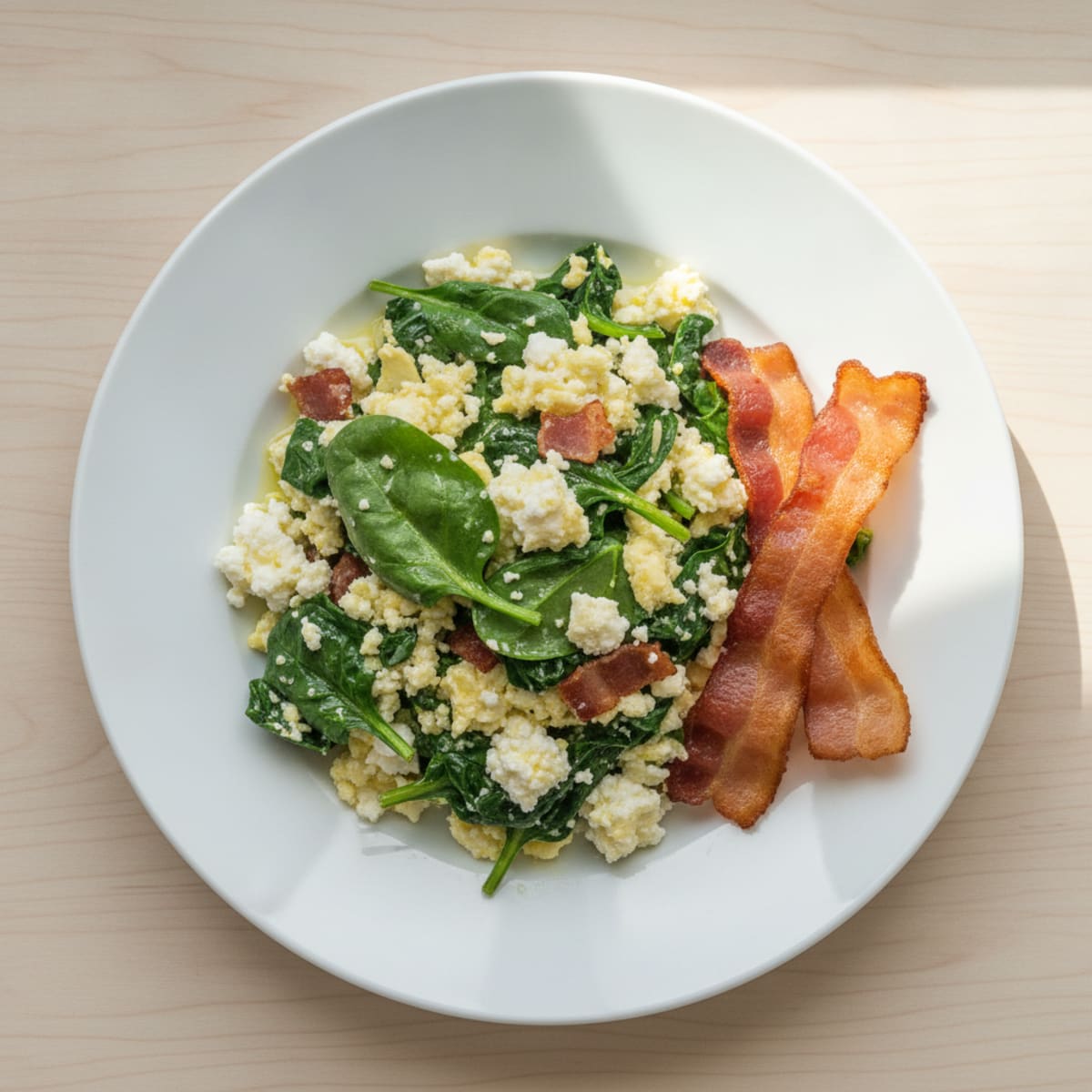 Cottage Cheese Egg White Scramble with Spinach and Turkey Bacon