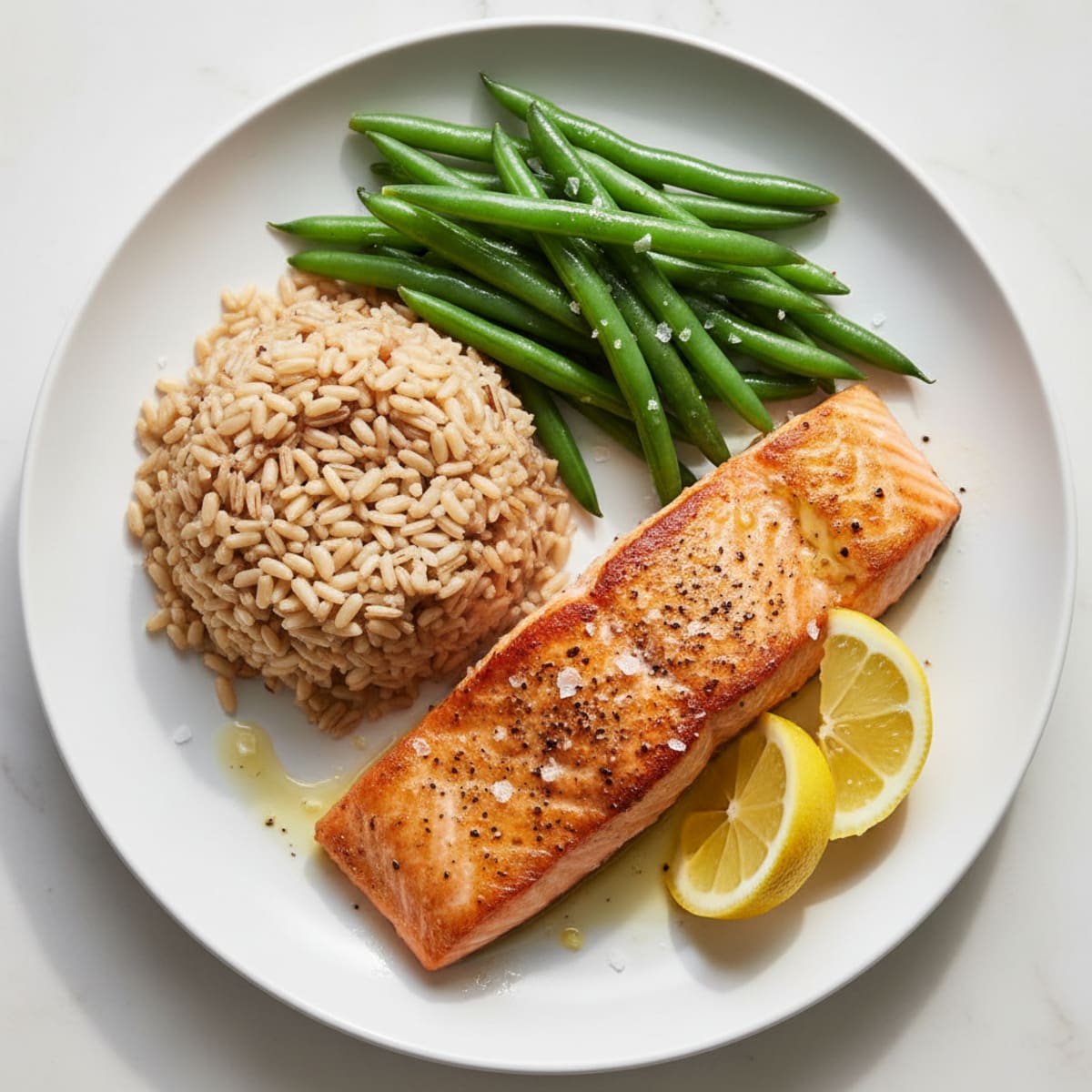 Seared Salmon Fillet with Steamed Green Beans and Brown Rice
