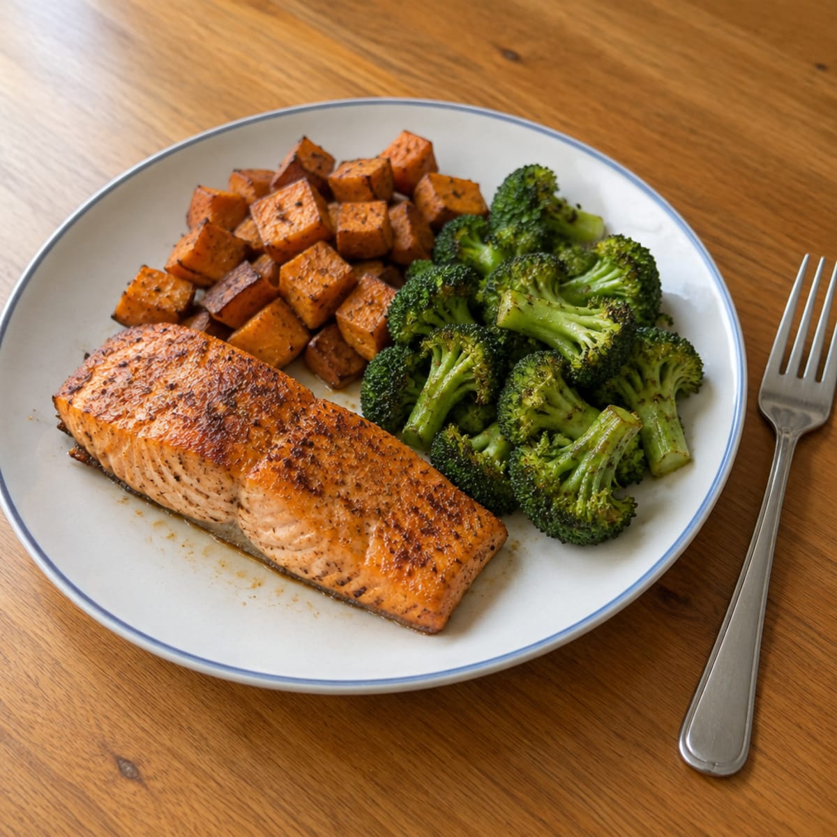 Baked salmon with roasted sweet potatoes