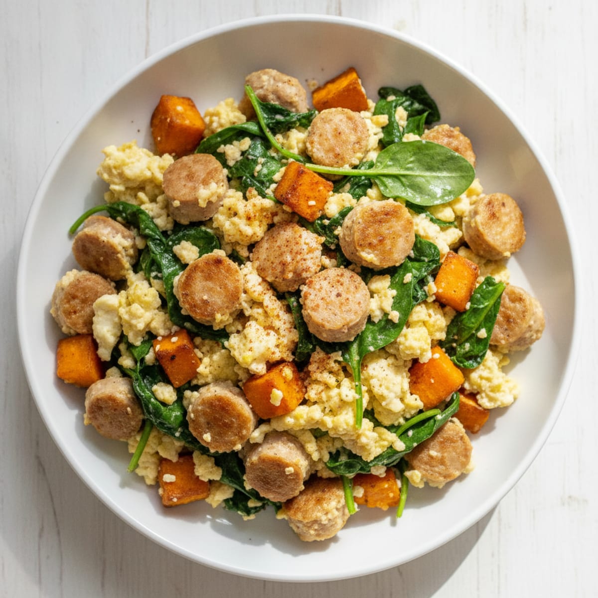 Egg White and Turkey Sausage Scramble with Spinach and Sweet Potato