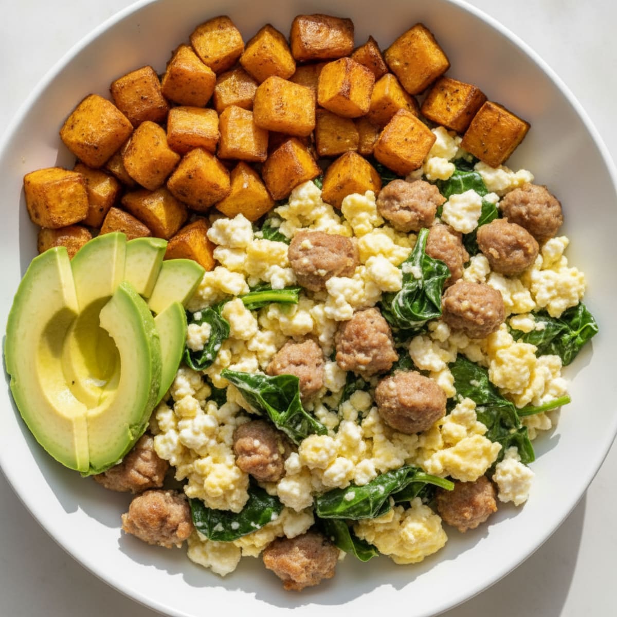 Cottage Cheese Scramble with Turkey Sausage and Roasted Sweet Potatoes