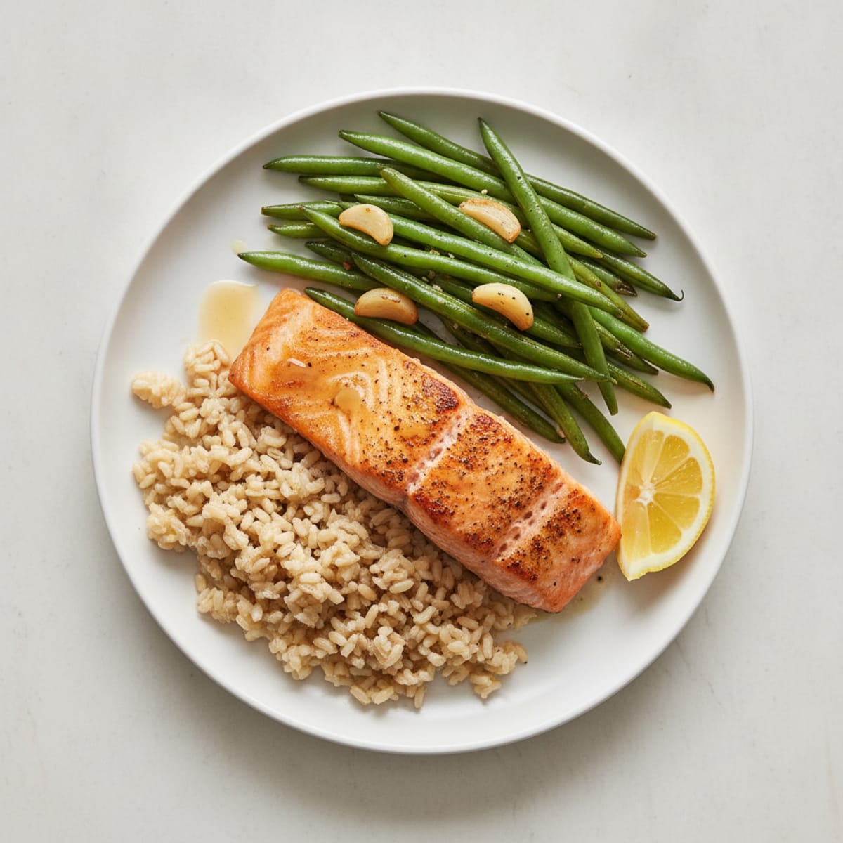 Seared Salmon with Garlic Green Beans and Brown Rice