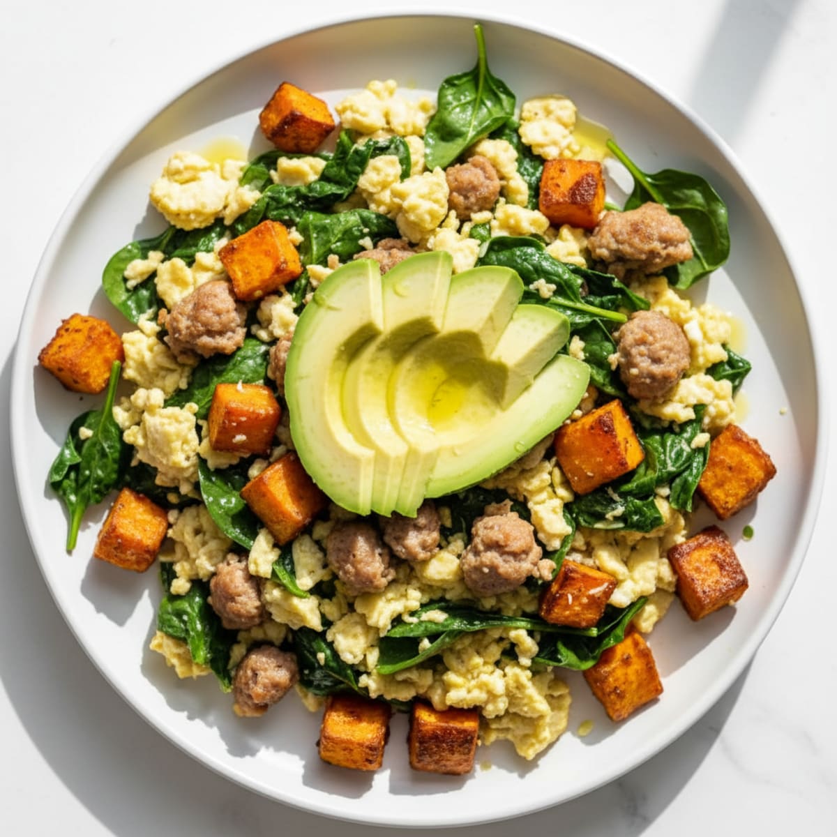 Egg White and Turkey Sausage Scramble with Sautéed Spinach