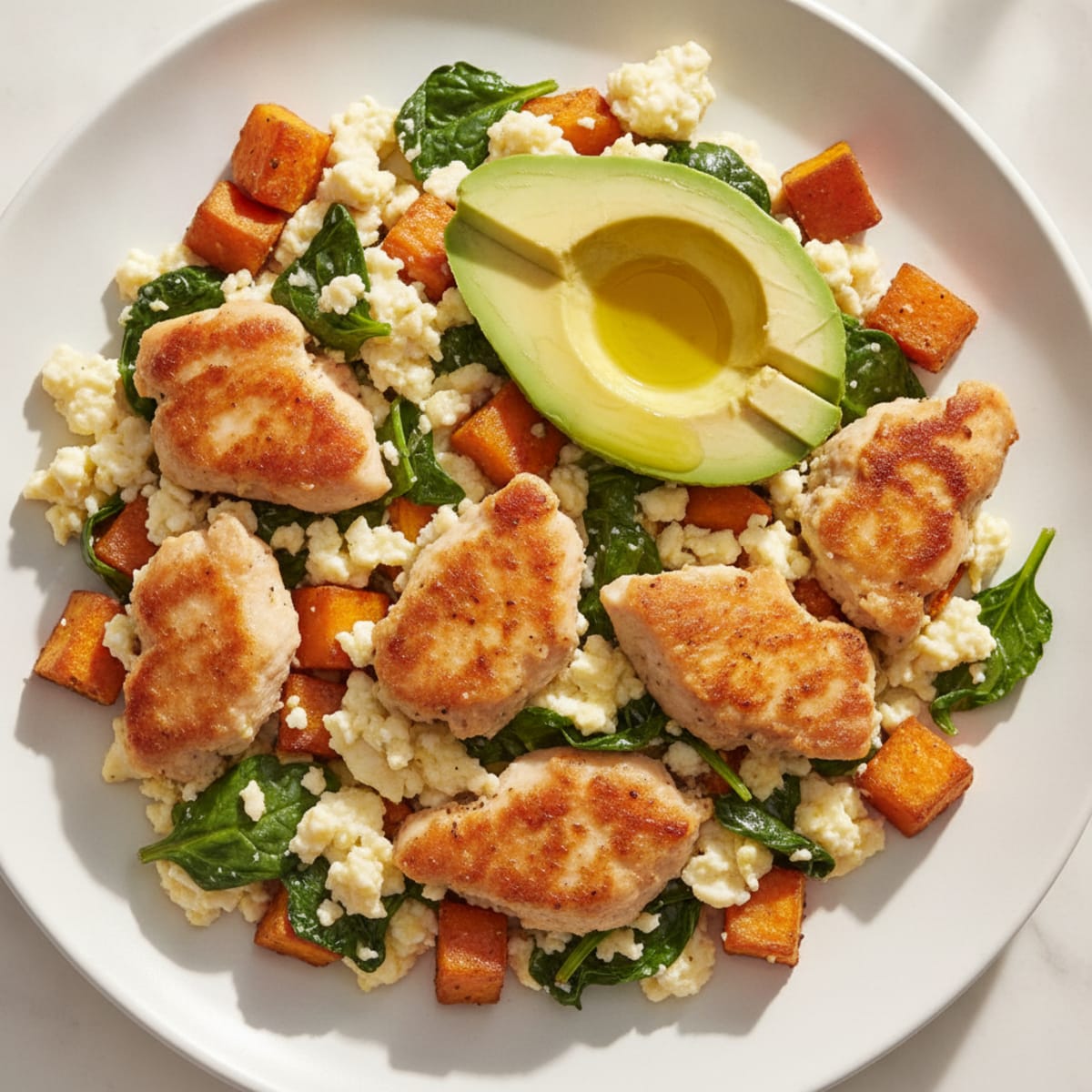 Crispy Chicken Egg White Scramble with Spinach