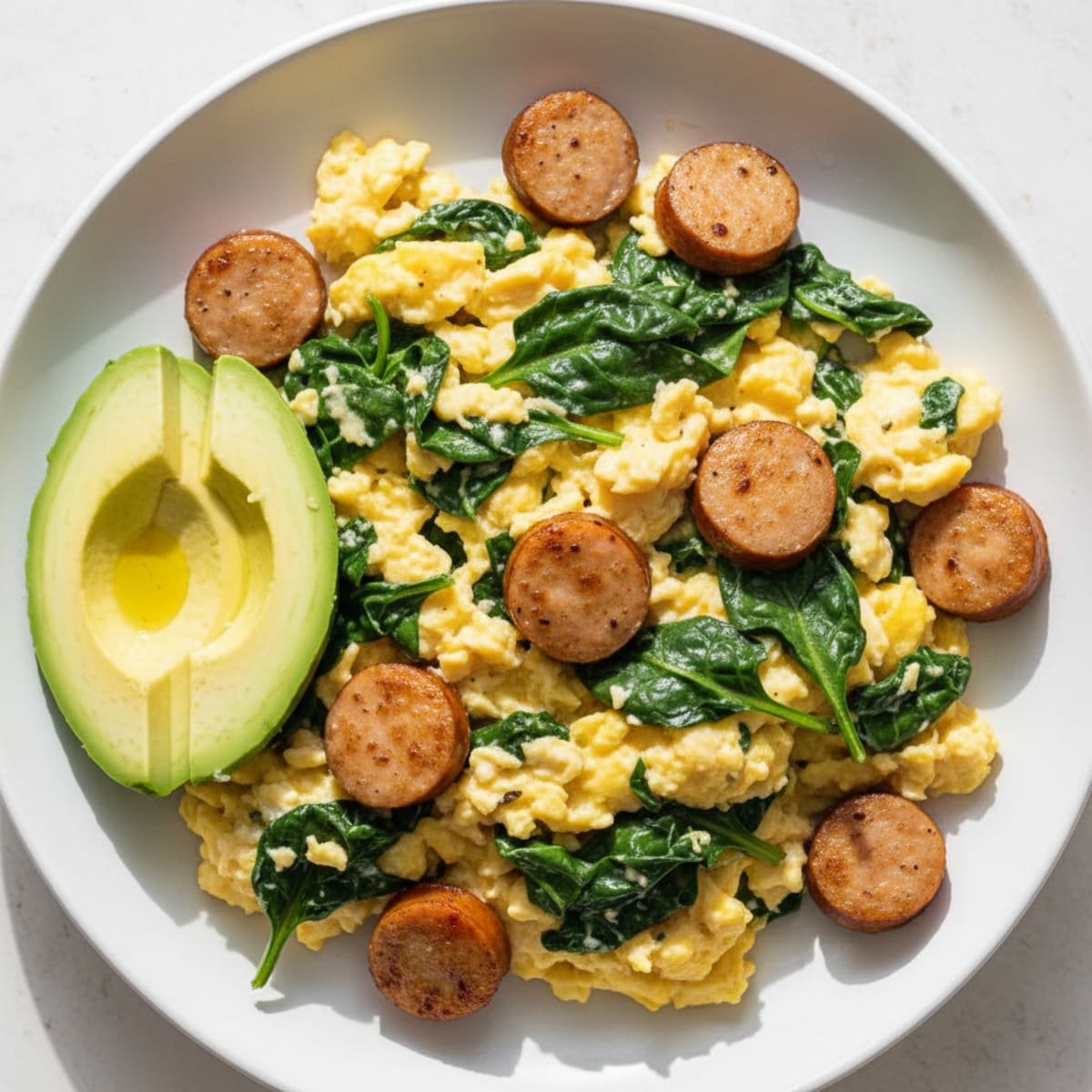 Chicken Sausage and Spinach Egg Scramble