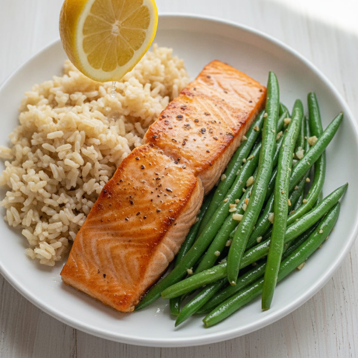 Seared Salmon with Garlic Green Beans and Brown Rice