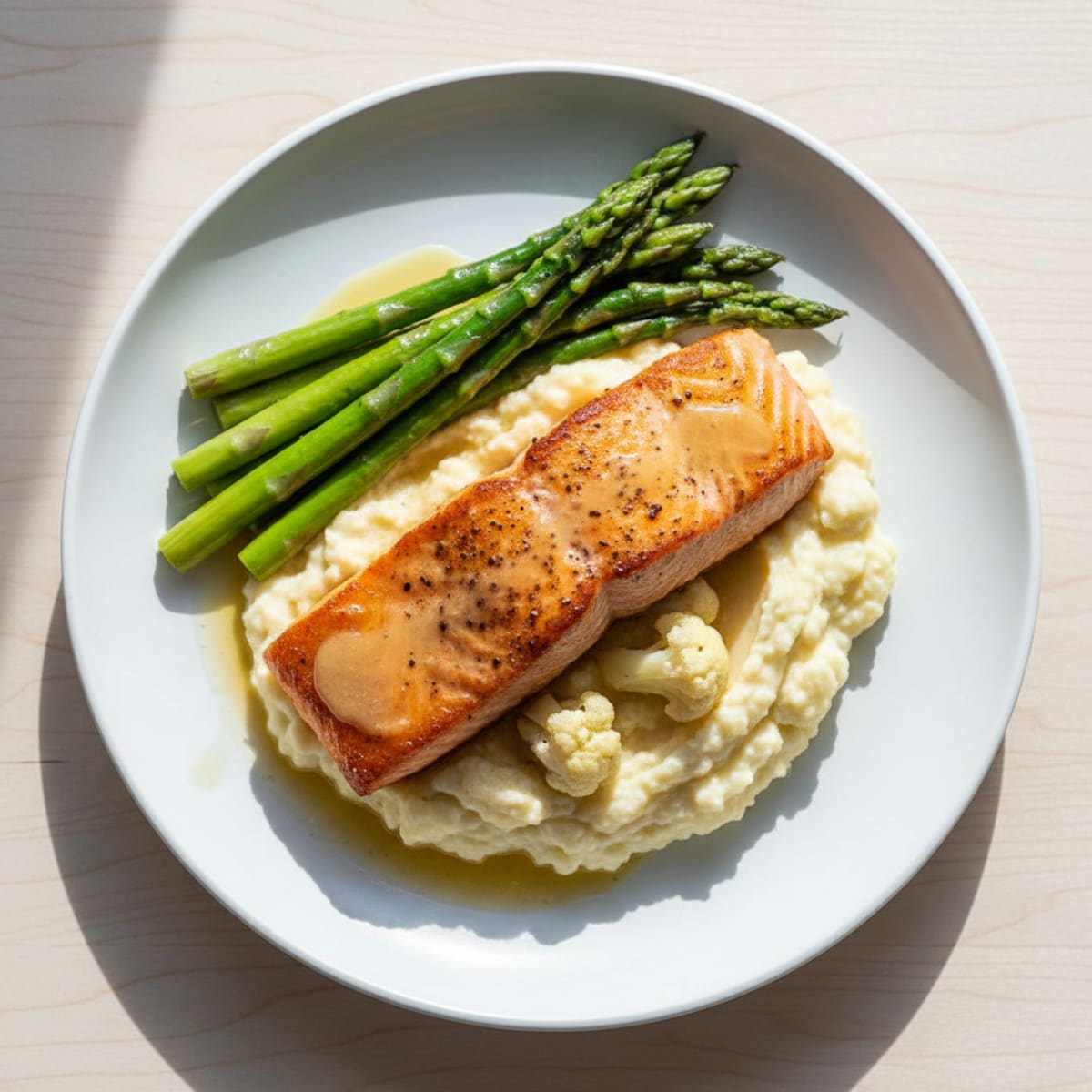 Seared Salmon with Steamed Asparagus and Cauliflower Mash
