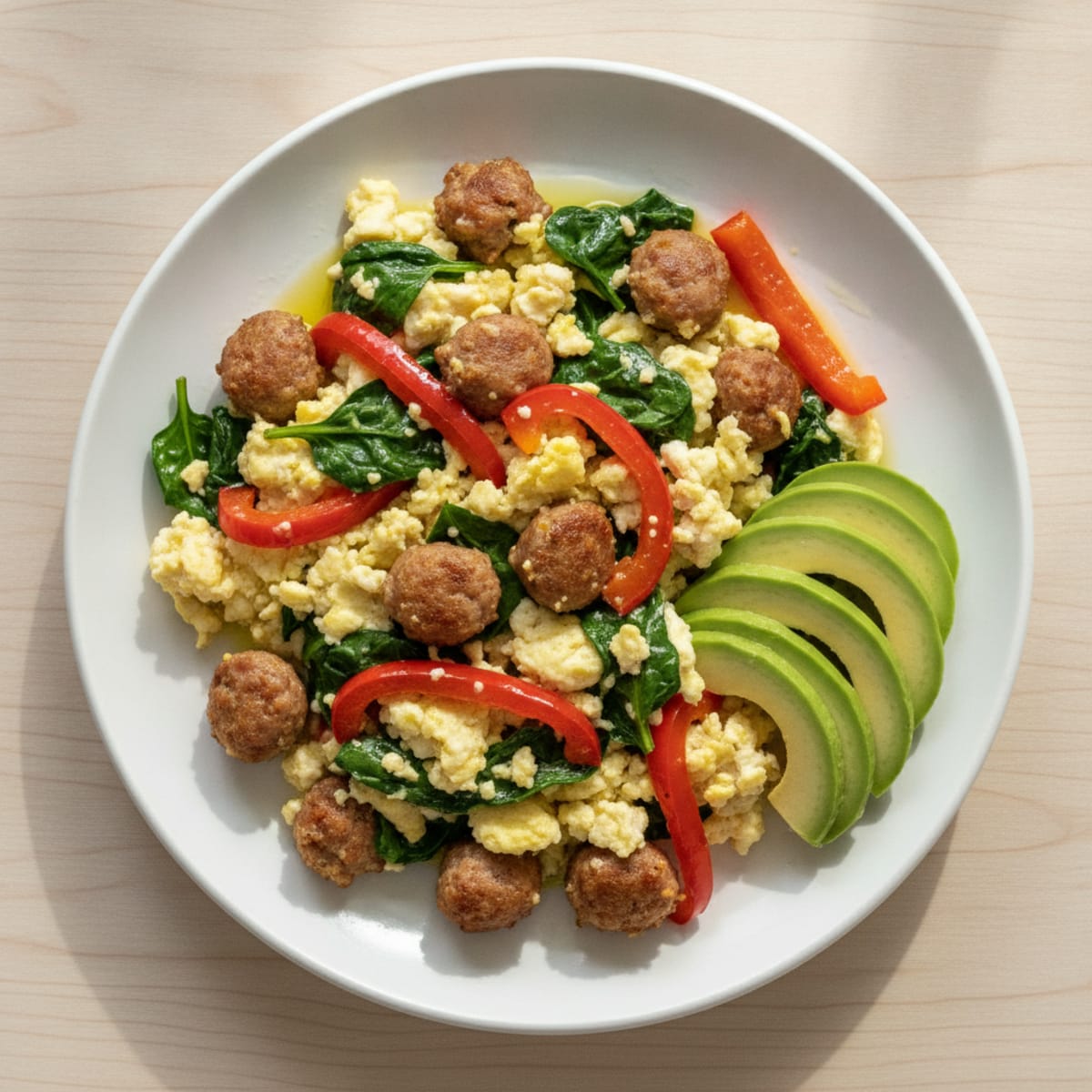 Egg White and Turkey Sausage Scramble with Spinach and Bell Peppers