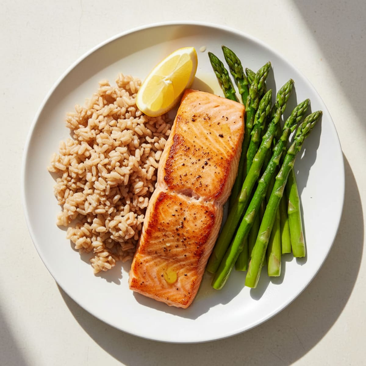 Seared Salmon Fillet with Steamed Asparagus and Brown Rice