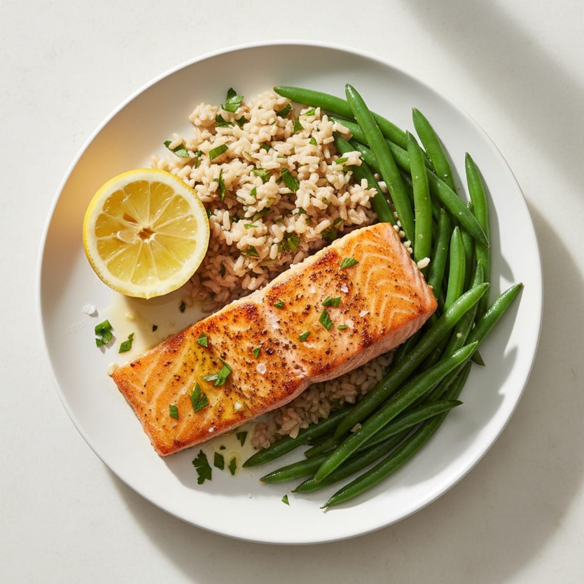 Seared Salmon with Steamed Green Beans and Herbed Brown Rice