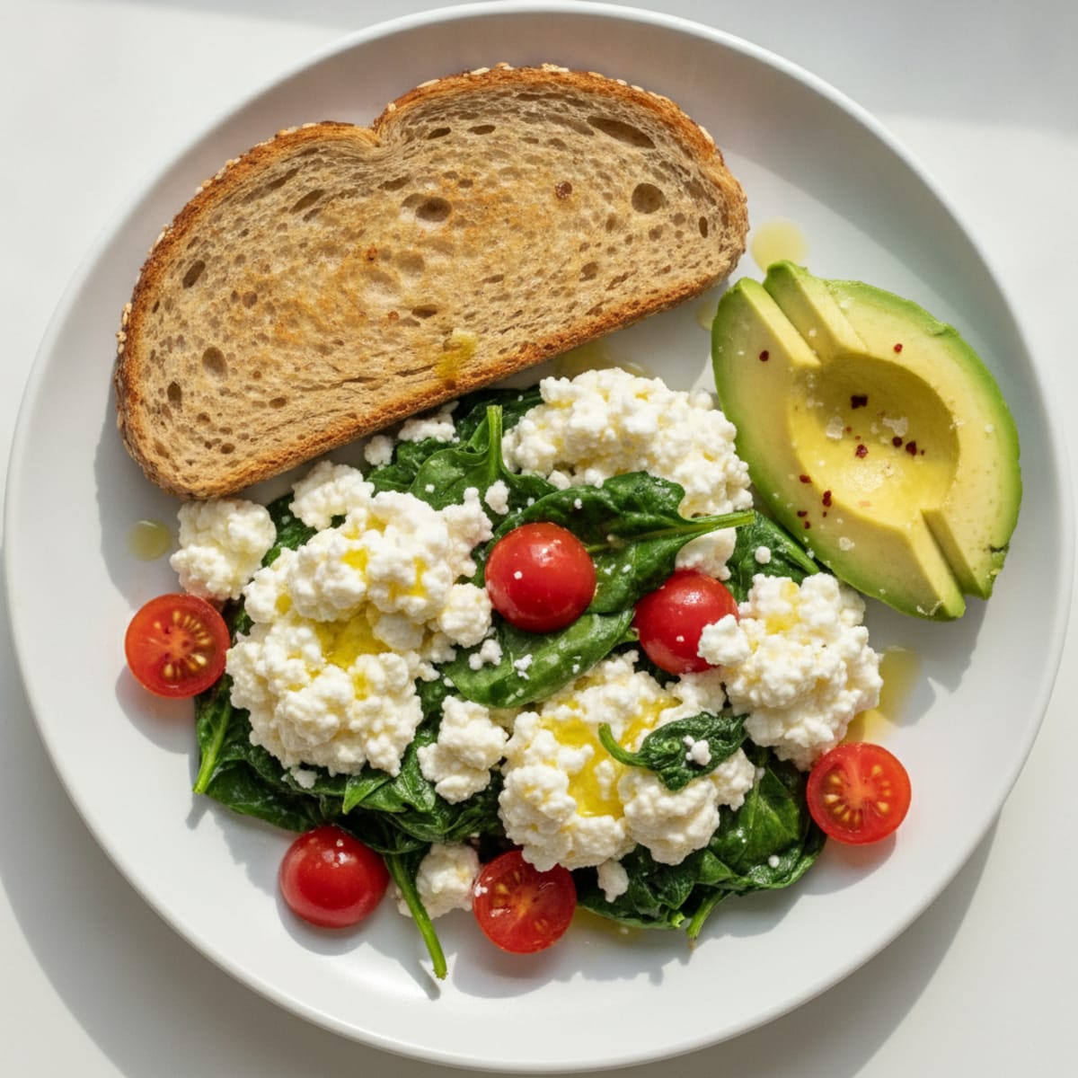 Cottage Cheese Egg White Scramble with Sautéed Spinach and Tomatoes