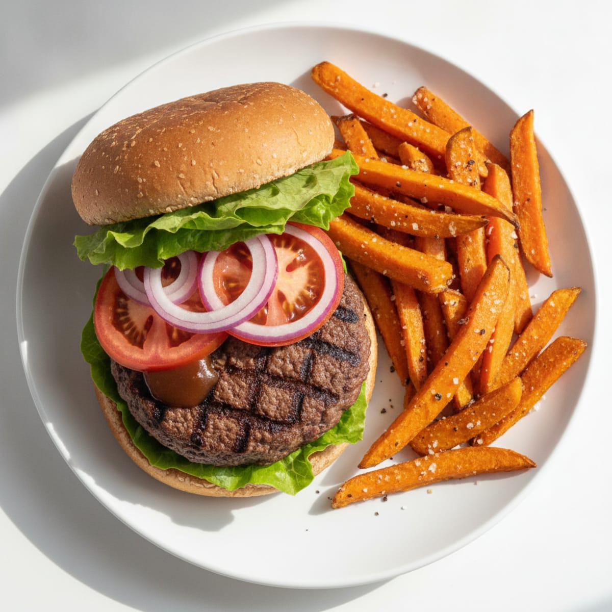 Classic Beef Burger with Sweet Potato Fries