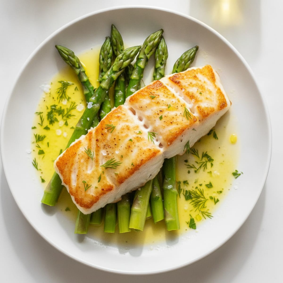 Seared Cod Filet with Steamed Asparagus and Fresh Herbs