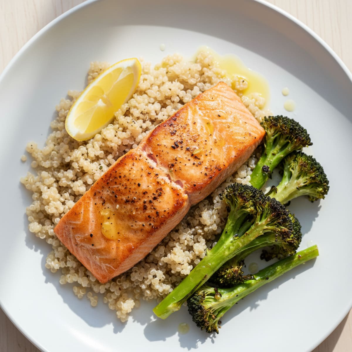Seared Salmon Fillet with Roasted Broccoli and Quinoa