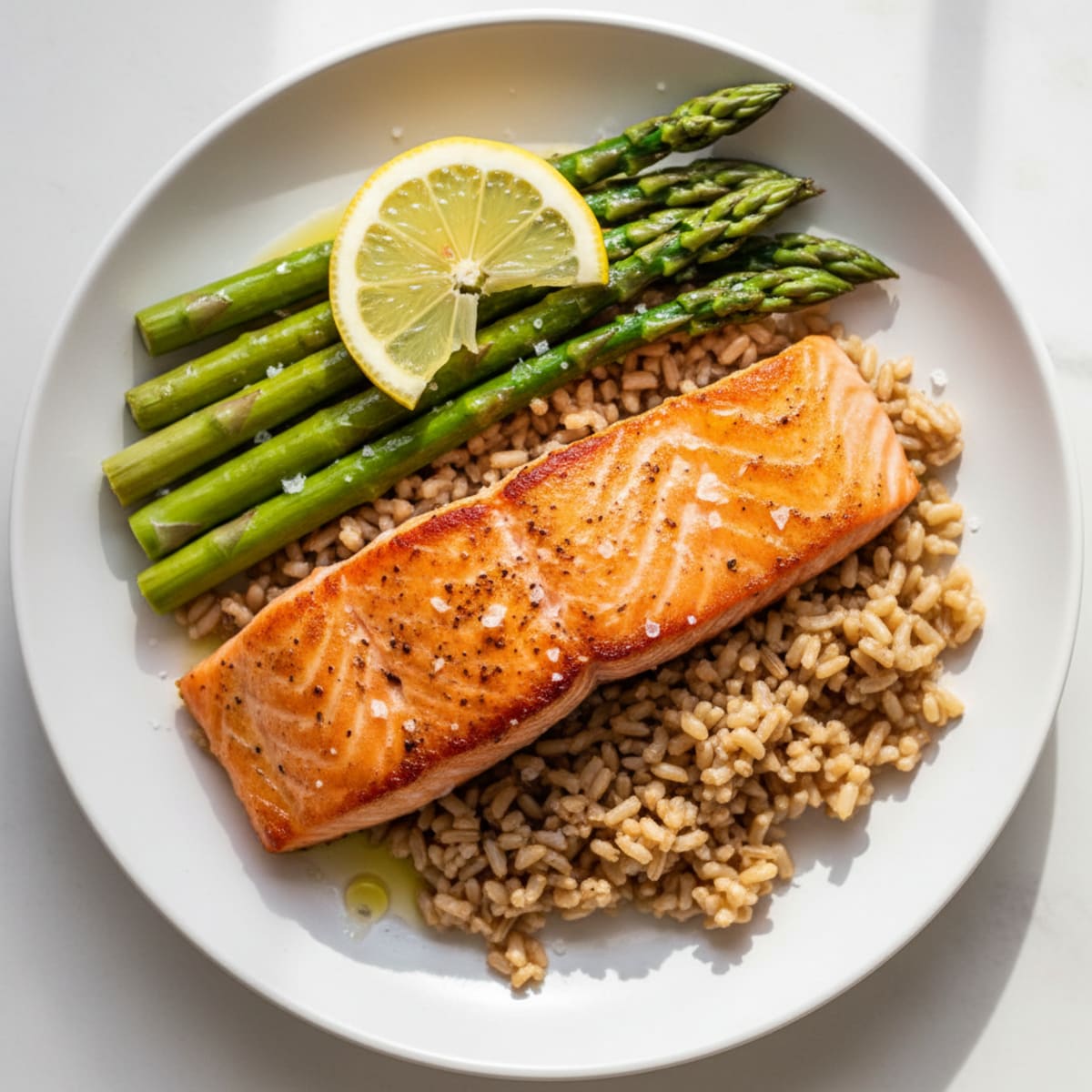 Seared Salmon Fillet with Steamed Asparagus and Brown Rice