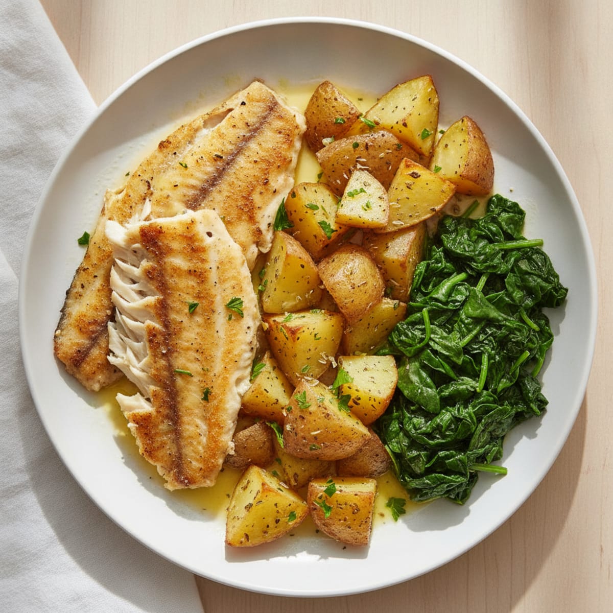 Roasted Tilapia with Lemon Herb Potatoes and Spinach