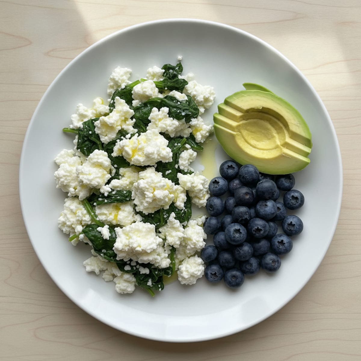 Egg White Spinach Scramble with Cottage Cheese and Fresh Berries
