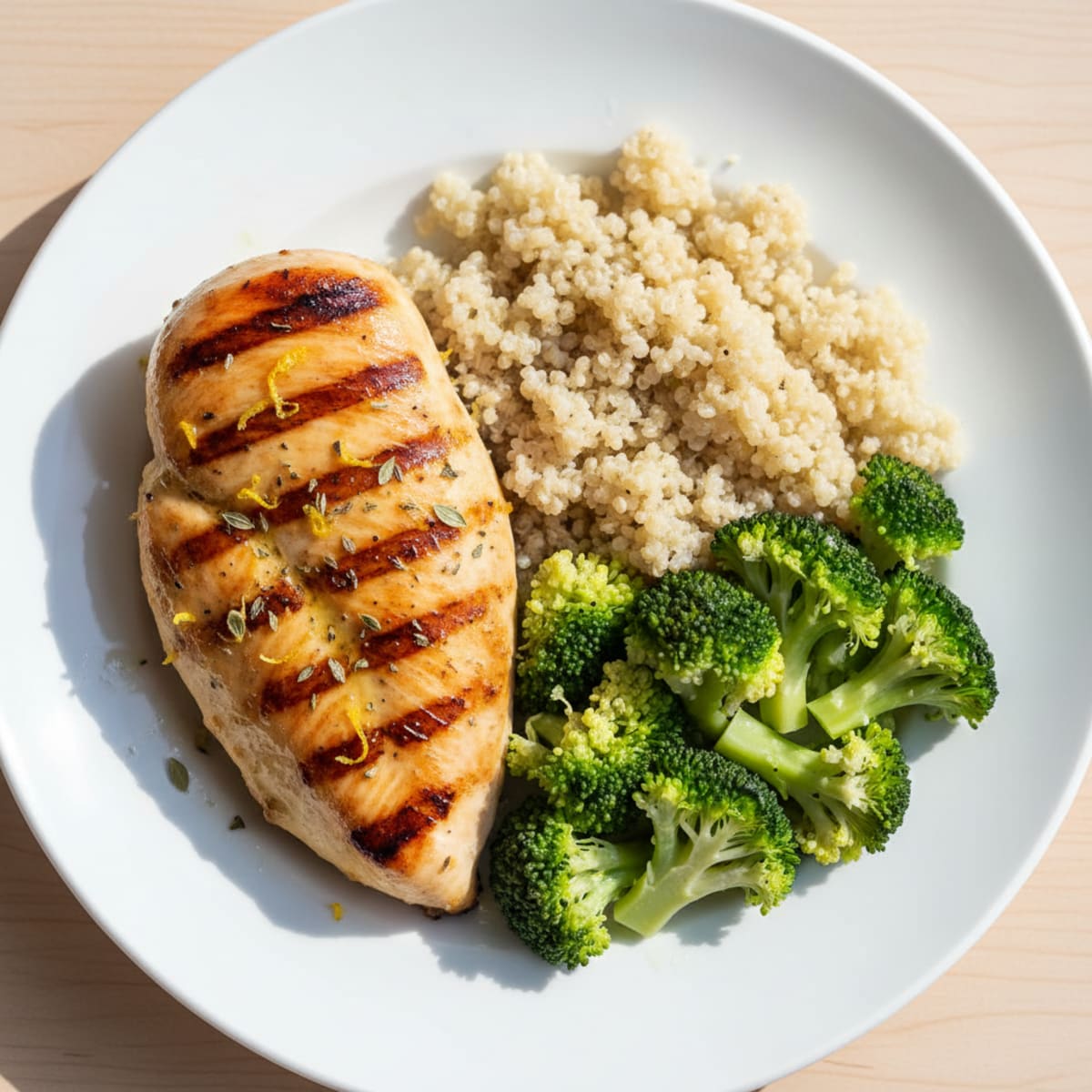 Grilled Lemon Herb Chicken Breast with Quinoa and Steamed Broccoli