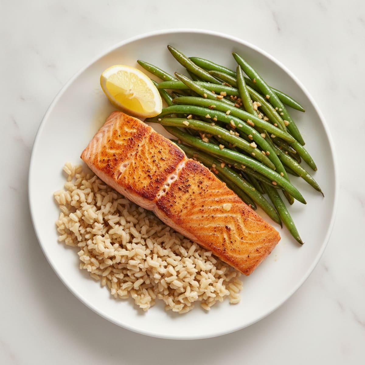 Seared Salmon Fillet with Garlic Green Beans and Brown Rice