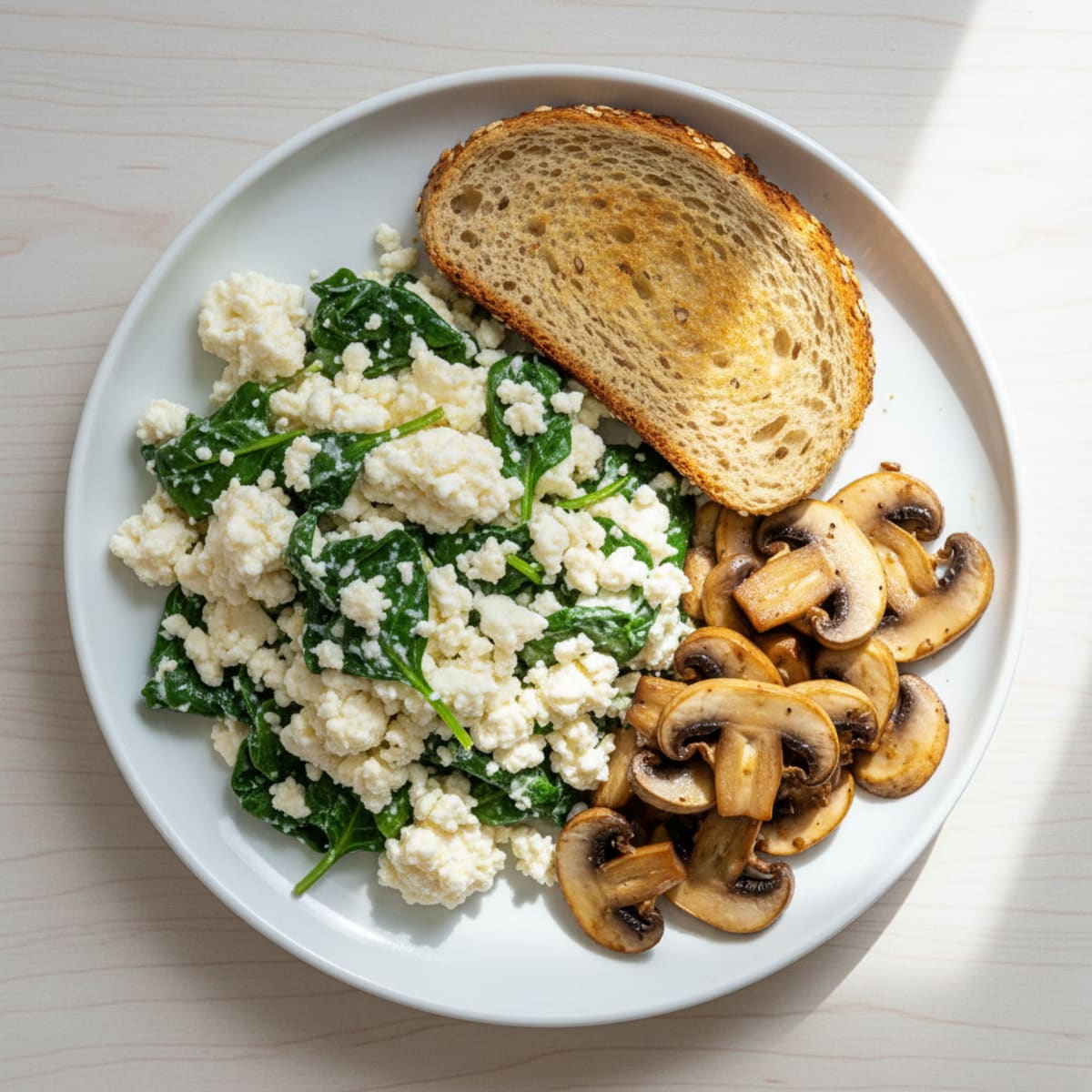 Cottage Cheese Egg White Scramble with Spinach and Sautéed Mushrooms