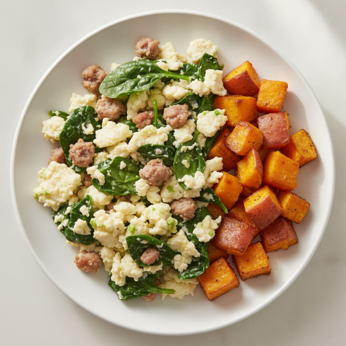 Egg White and Turkey Sausage Scramble with Spinach and Roasted Sweet Potato