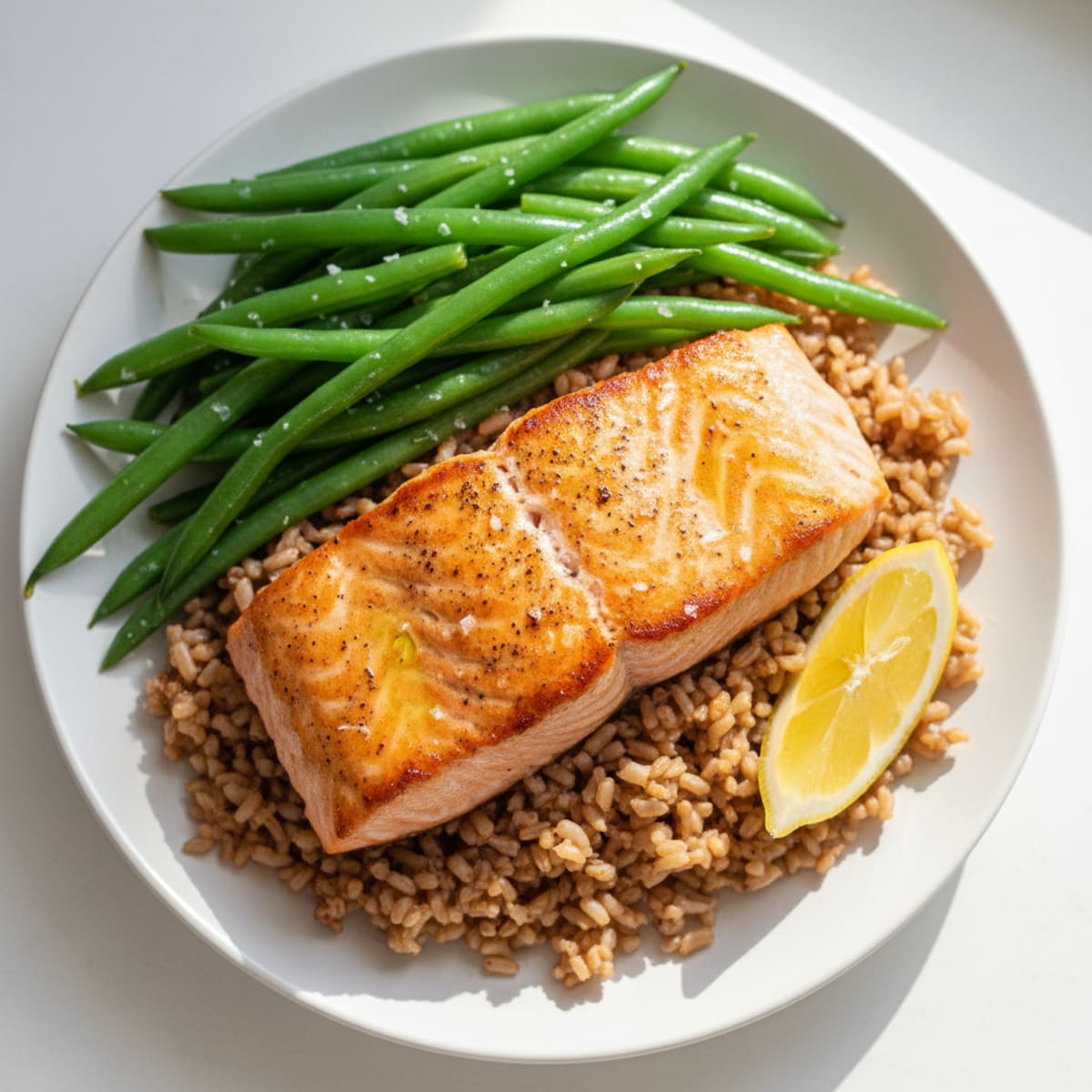 Seared Salmon with Steamed Green Beans and Brown Rice