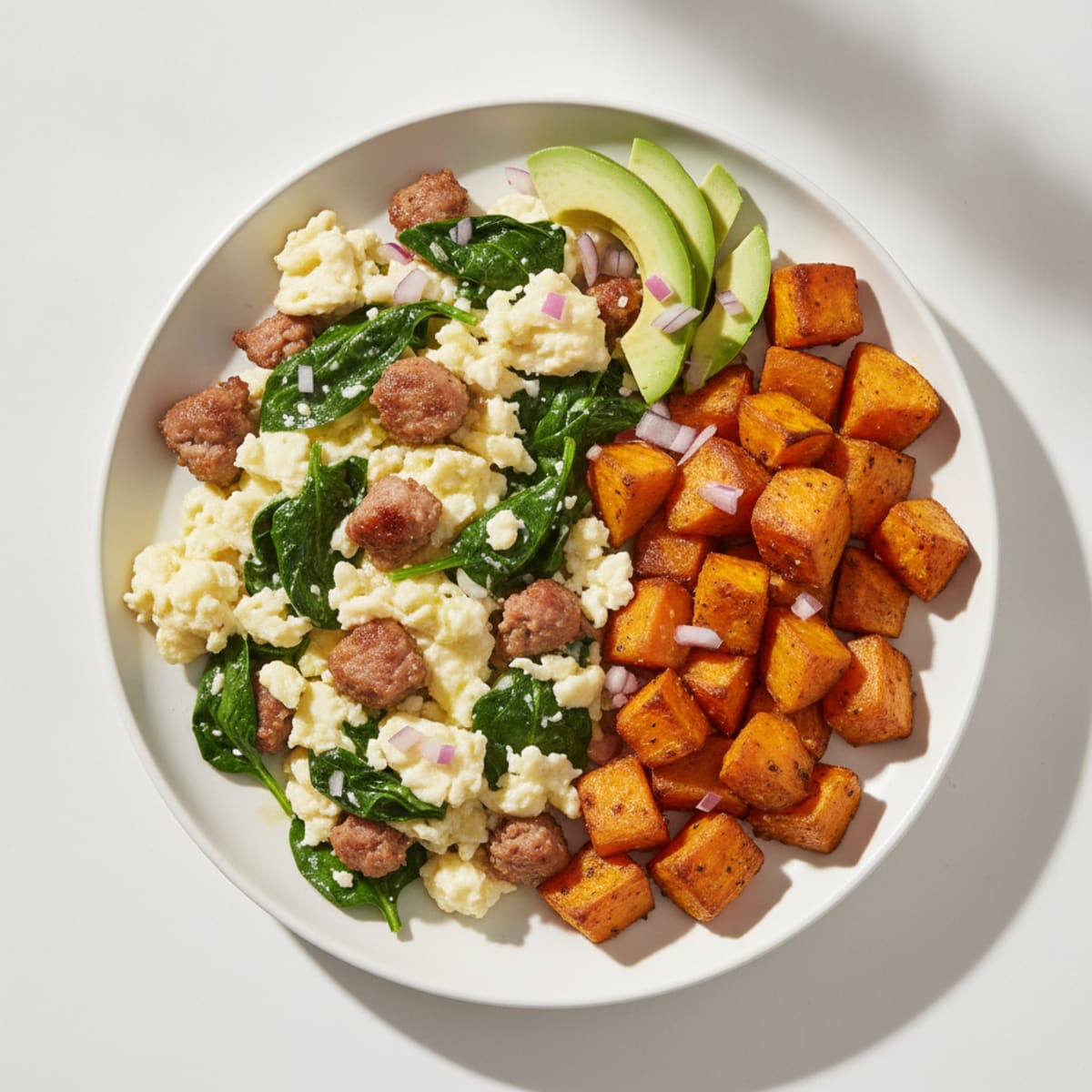Egg White and Turkey Sausage Scramble with Spinach and Roasted Sweet Potatoes